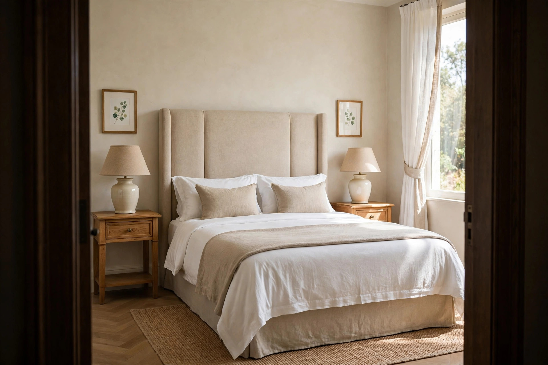 Two small framed leaf prints, one above each nightstand, beside a tall upholstered headboard seen from the doorway