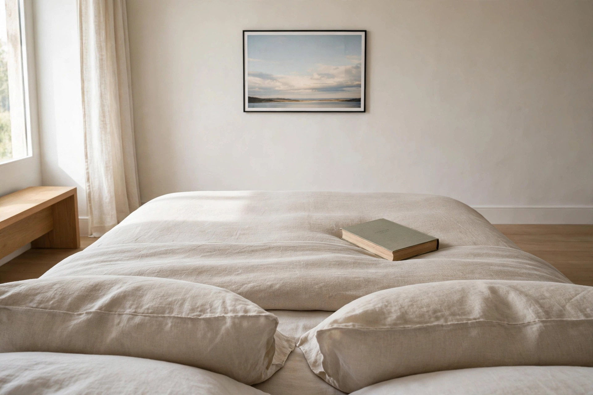 View across a bed with a book on it toward a framed horizon print with pale sky on the far wall