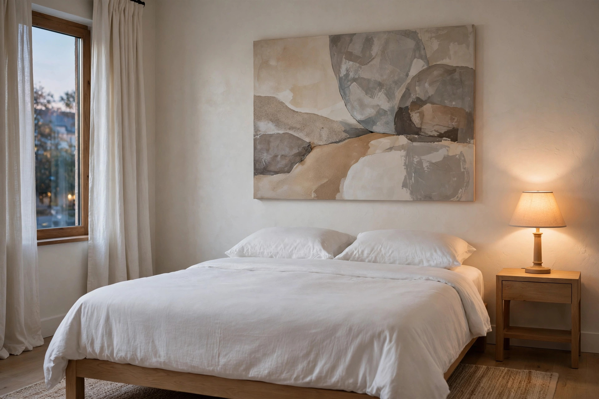 One large abstract painting in stone, sand and warm gray above a plain white bed in lamplight