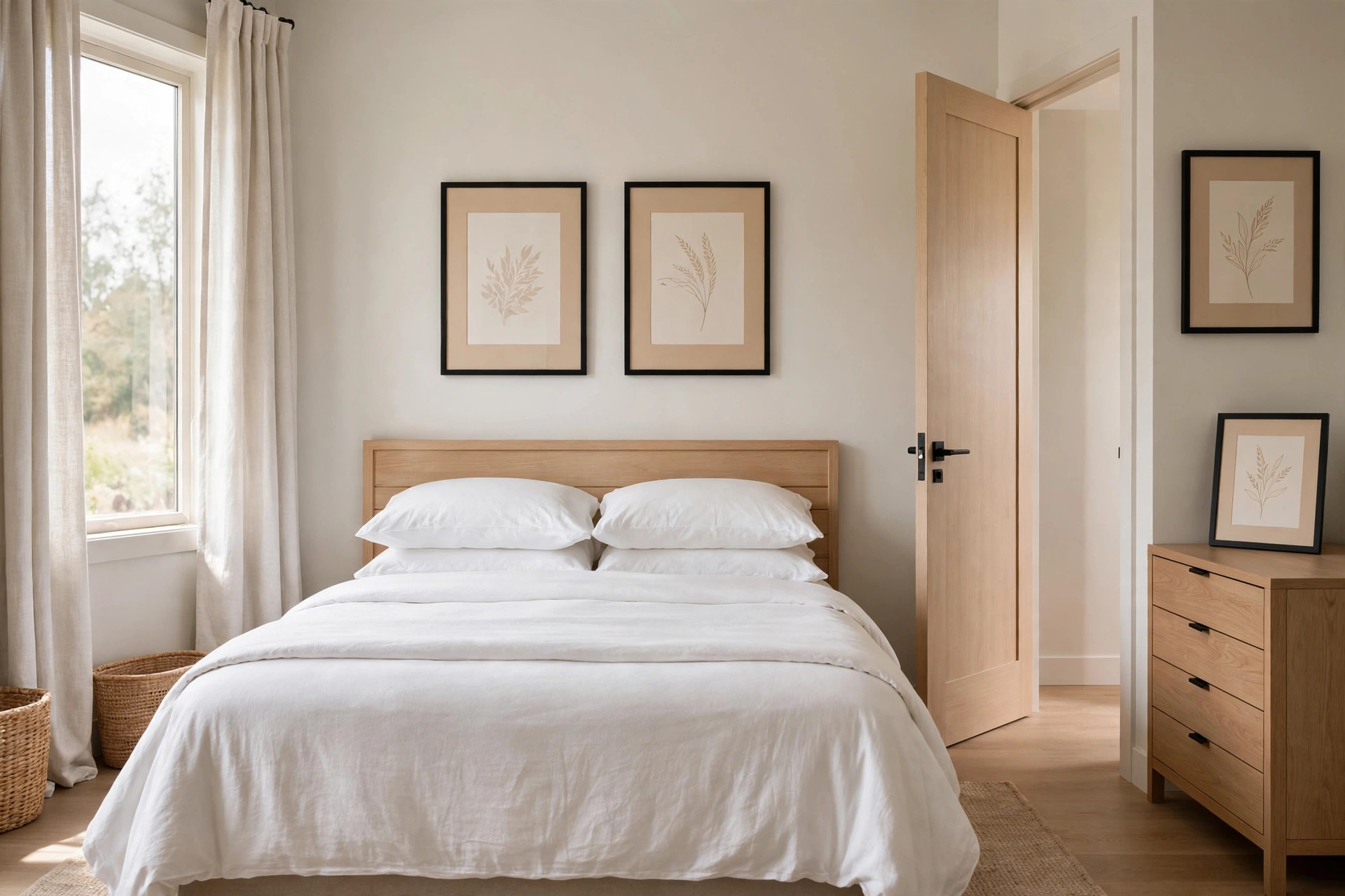 Guest bedroom with matching slim black frames and warm white mats above the bed, by the door and on the dresser