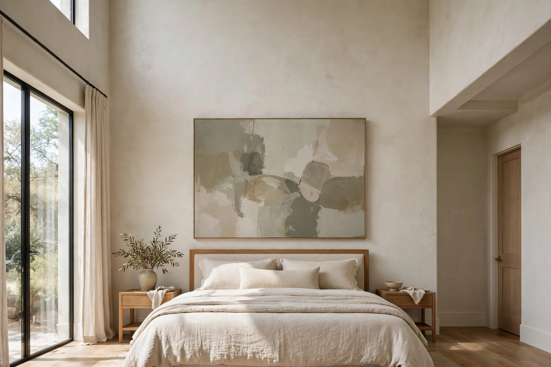 One very wide abstract canvas hanging above a bed on a tall bedroom wall