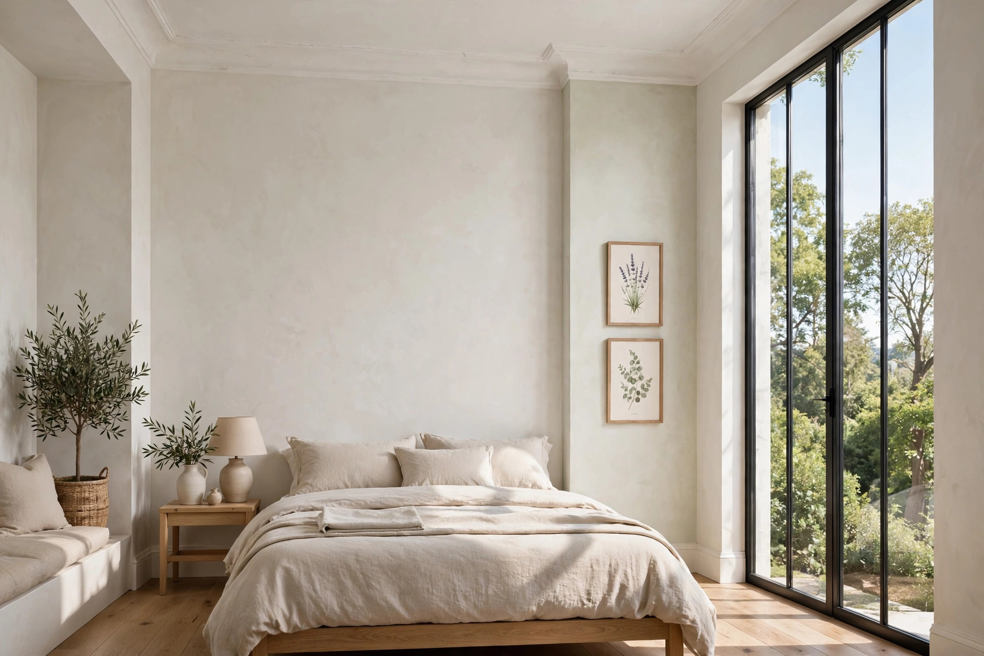Two narrow framed botanical prints on the slim wall beside floor to ceiling windows