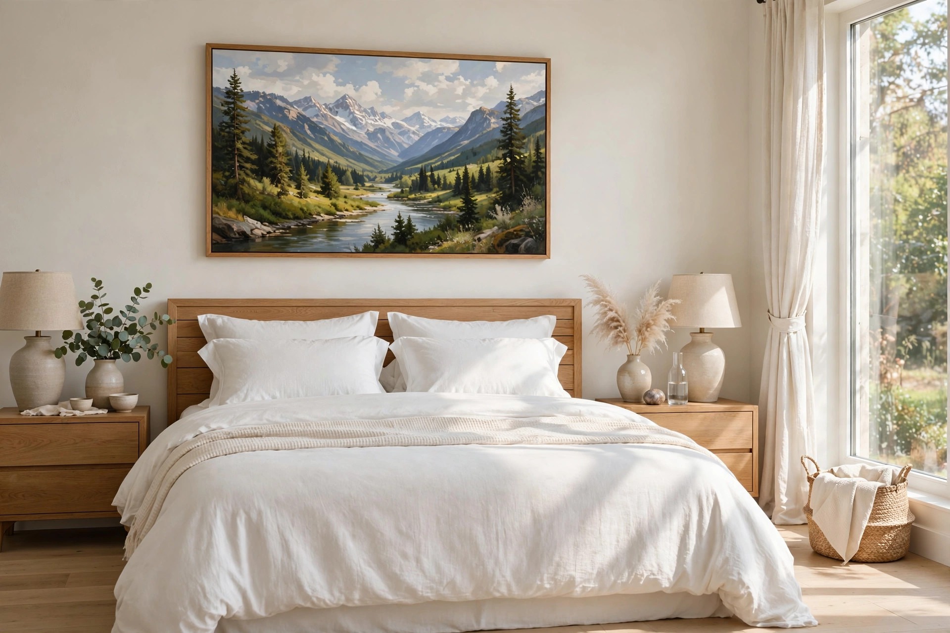 Mountain and river landscape painting filling the wall above a bed with white bedding and wood nightstands