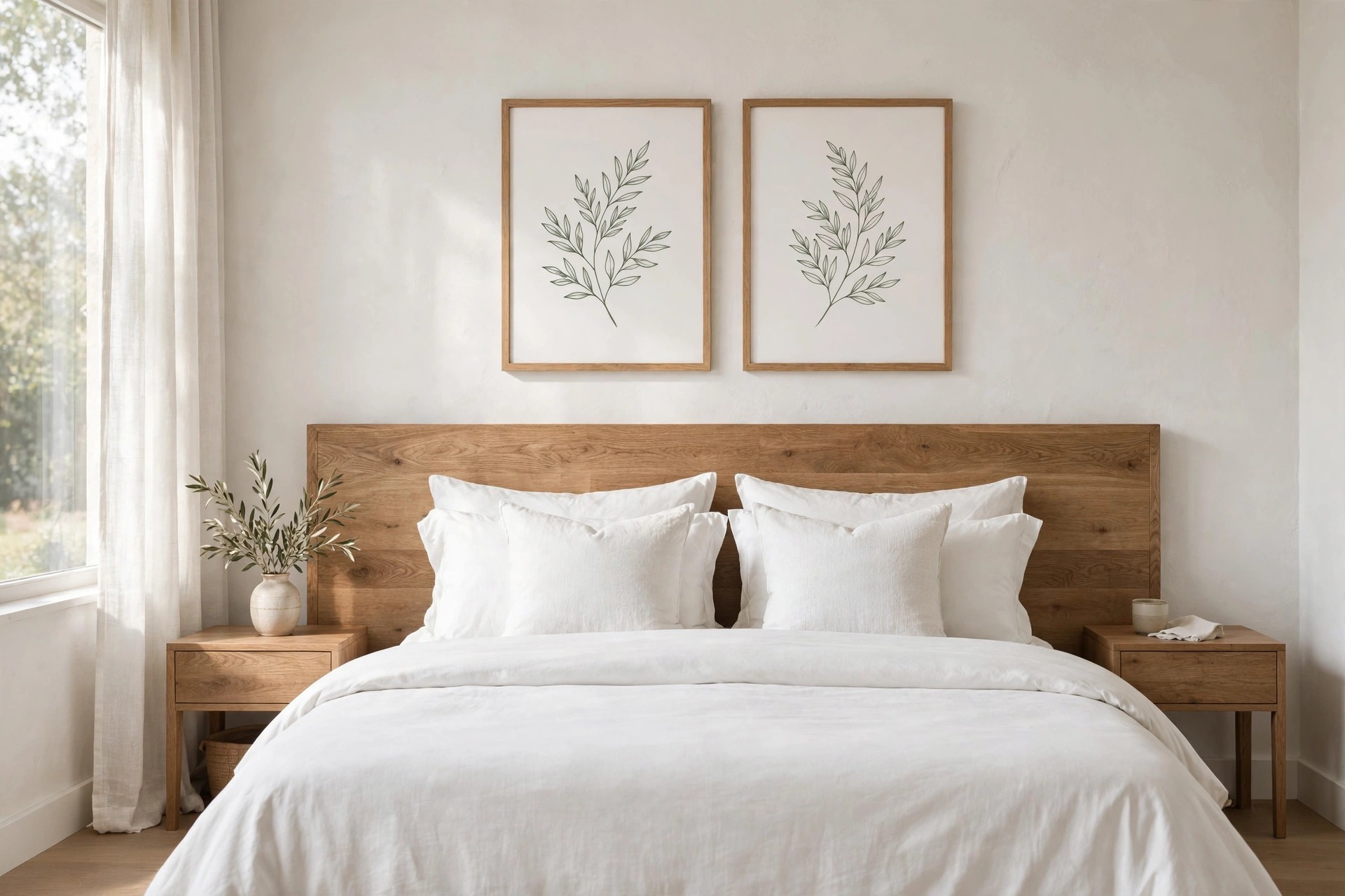 Two matching leaf line prints hung close together above a wide wood headboard and white pillows
