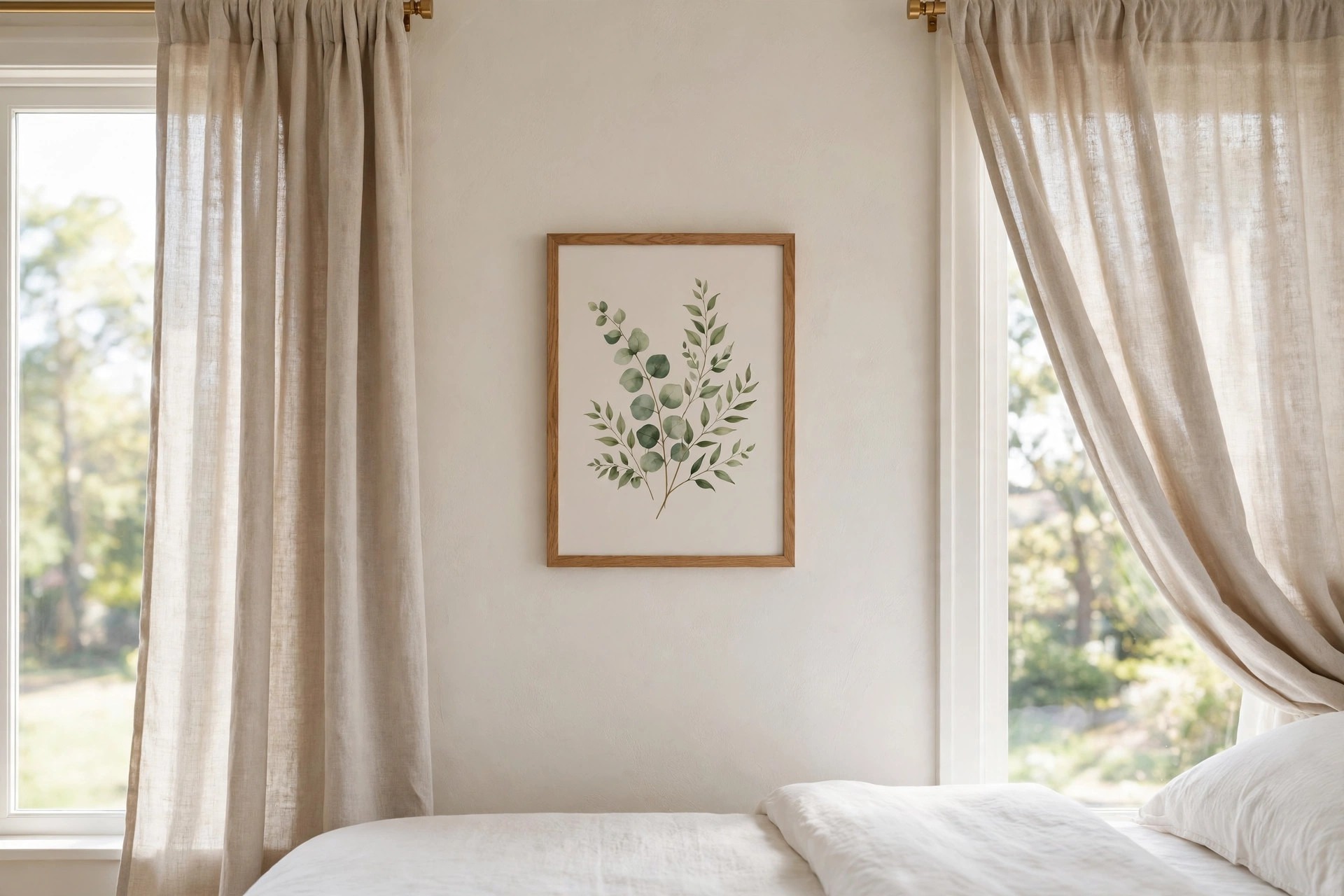 Botanical leaf print centered on a narrow wall between two curtained windows above a bed