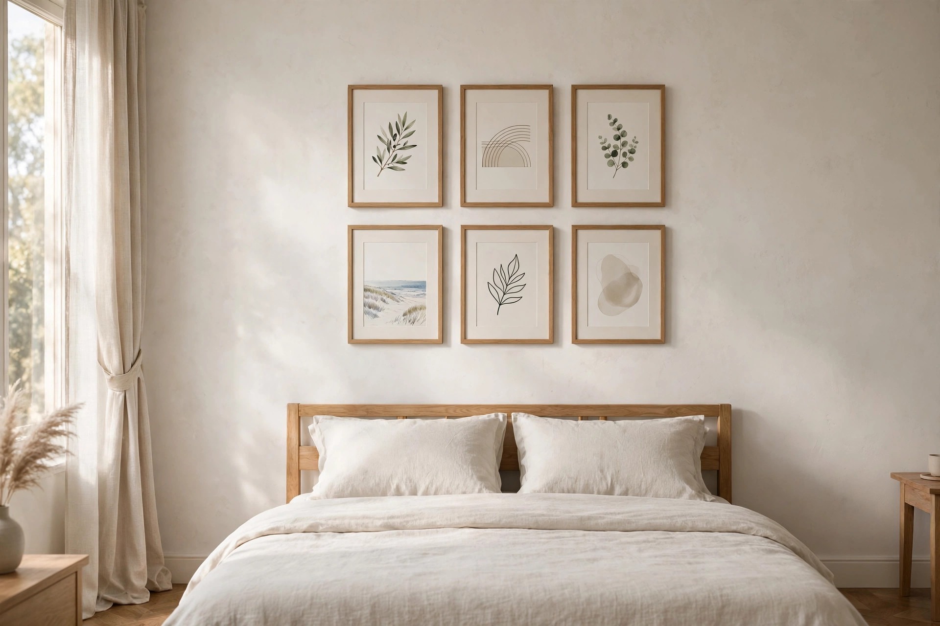 Group of six framed prints above a bed with wide calm margins of empty wall on both sides