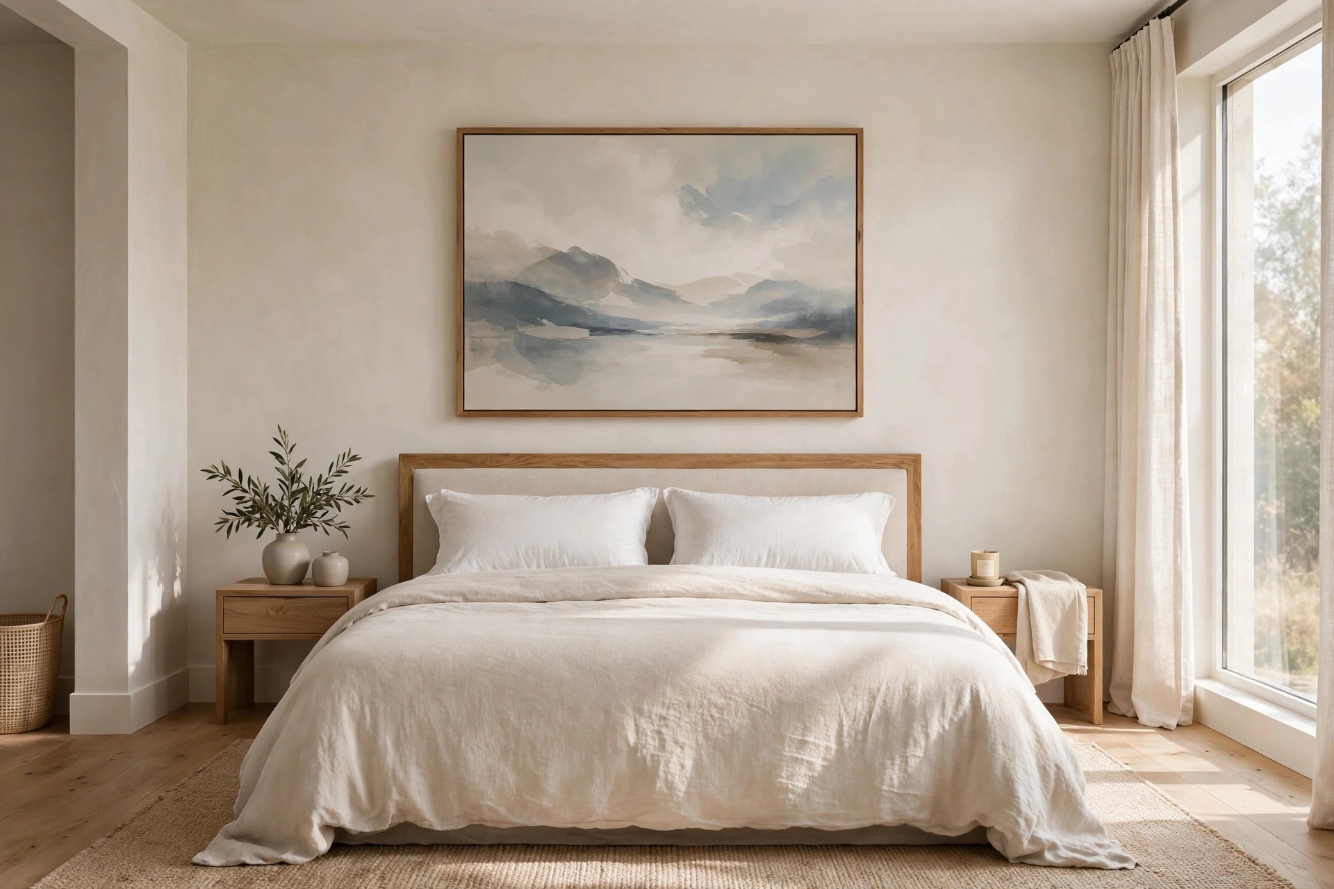 One large soft landscape painting centered above a bed with white bedding as a single focal point