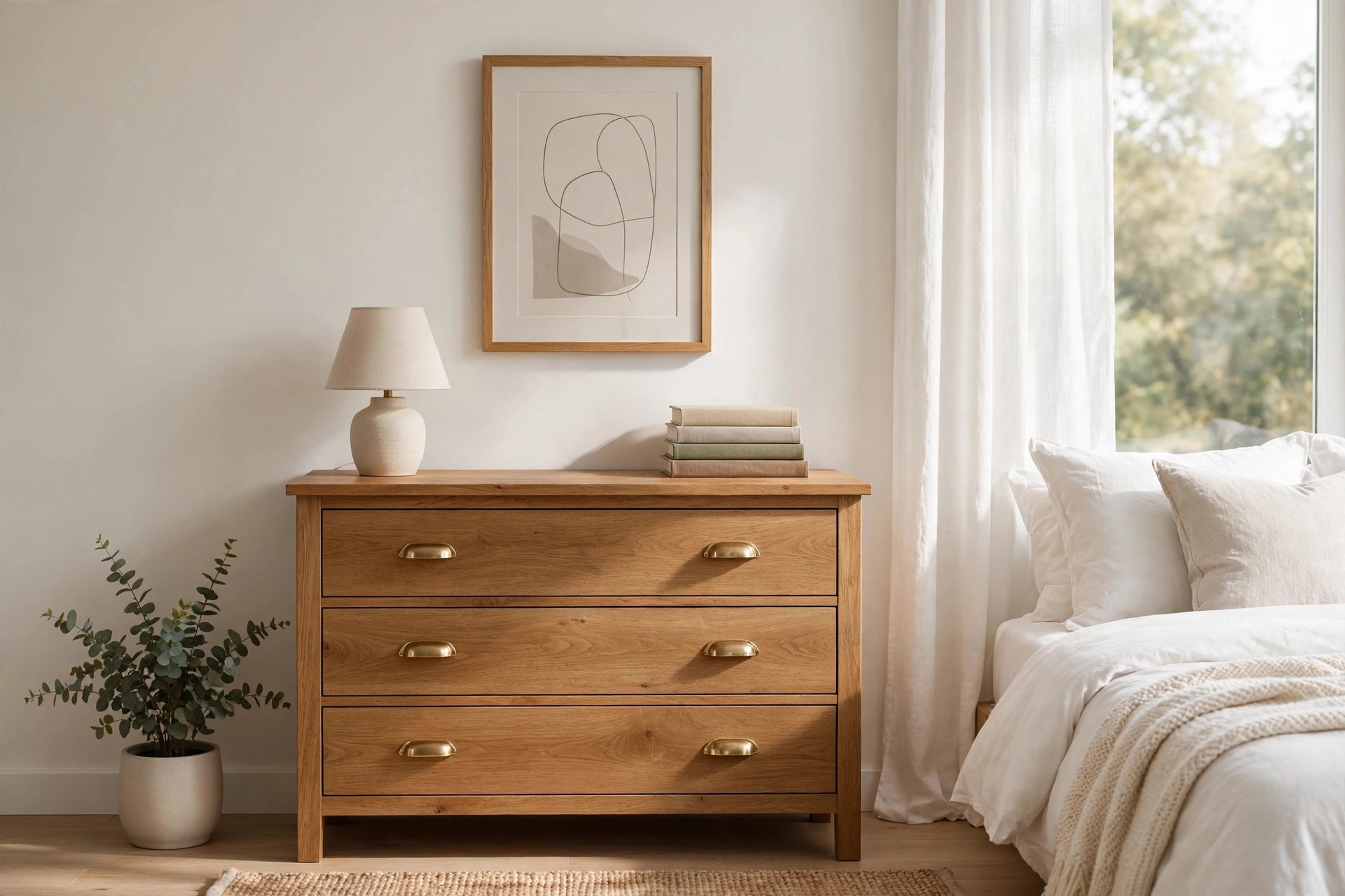 Abstract line art print narrower than the wood dresser below it, with a table lamp and a stack of books on the dresser