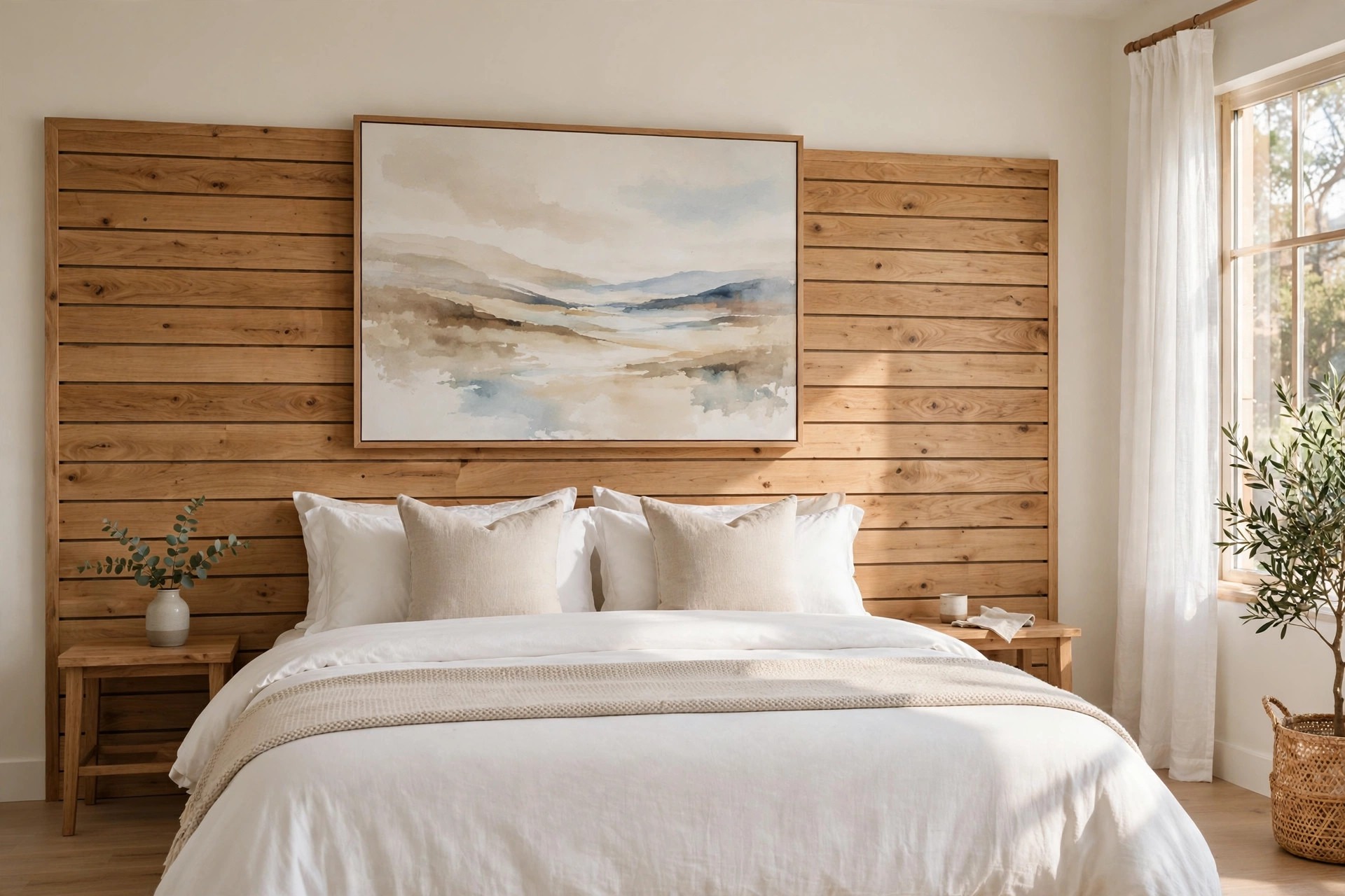 Wide landscape painting centered on a wide wood panel wall above a bed, the panel extending beyond the art on both sides