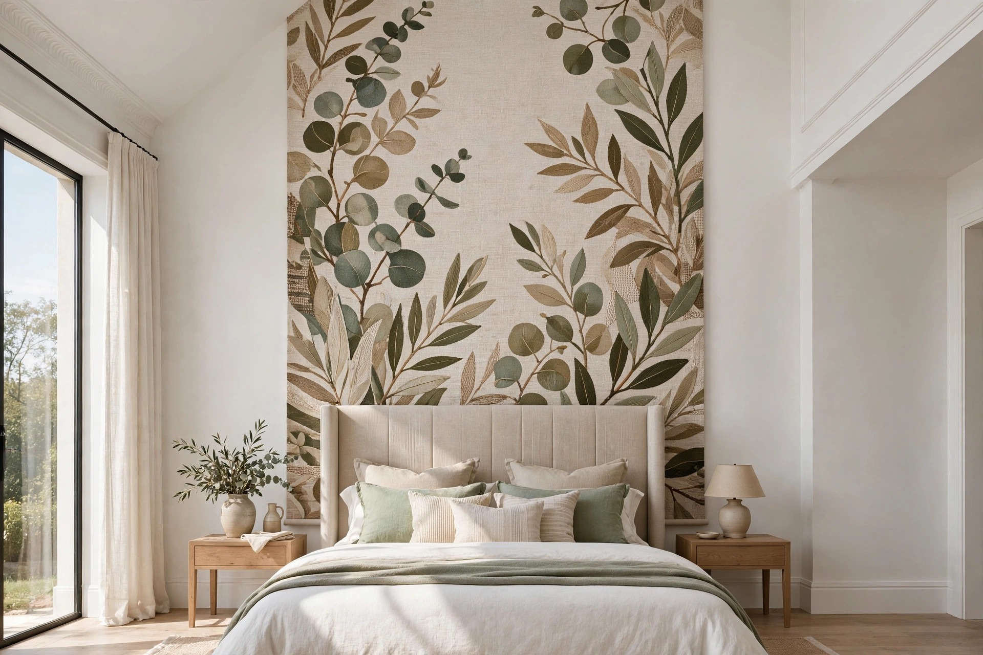 Tall botanical leaf panel filling a high wall above a bed with sage green and cream pillows