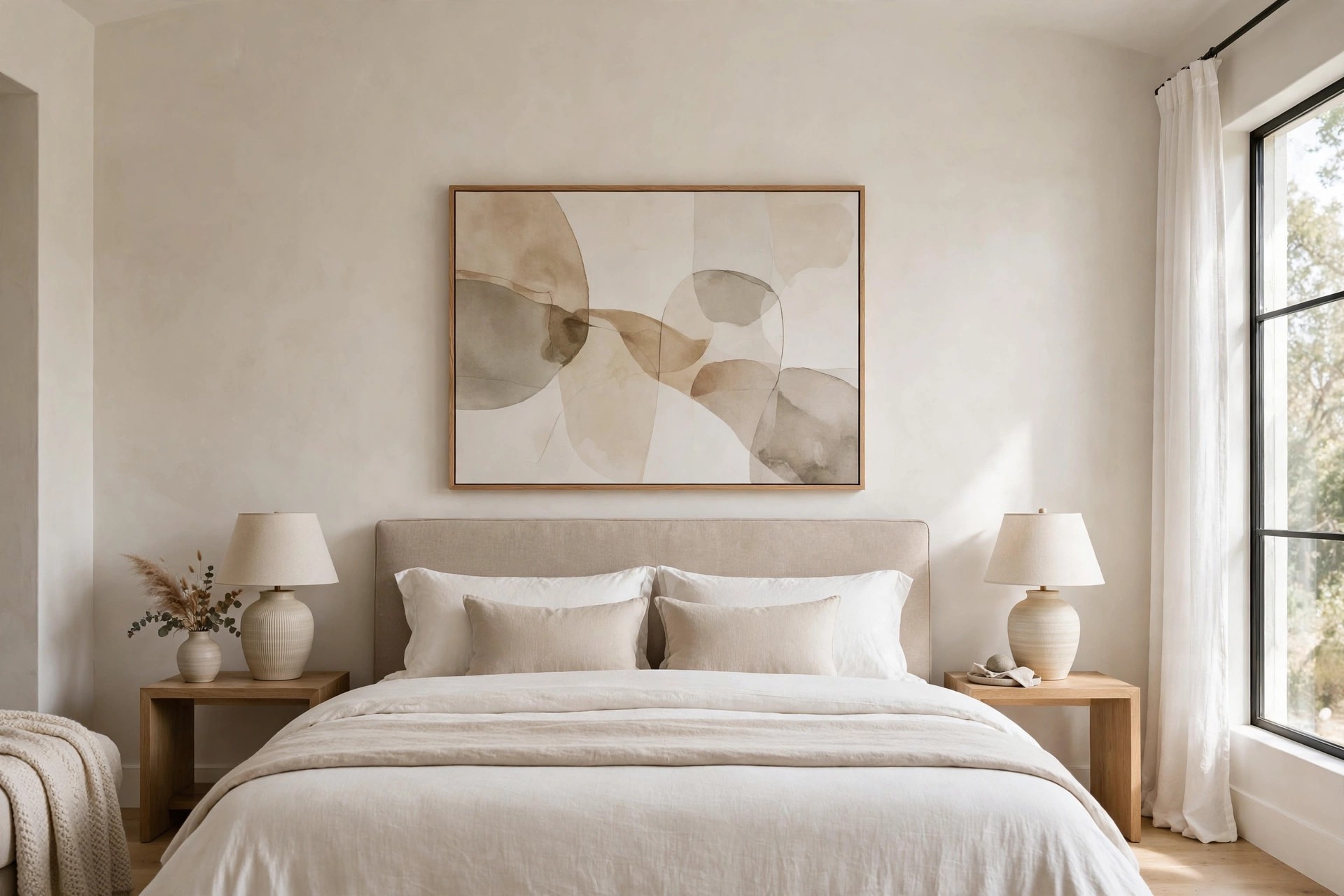Large abstract painting in beige and sage hung just above a beige headboard with clear space below the ceiling