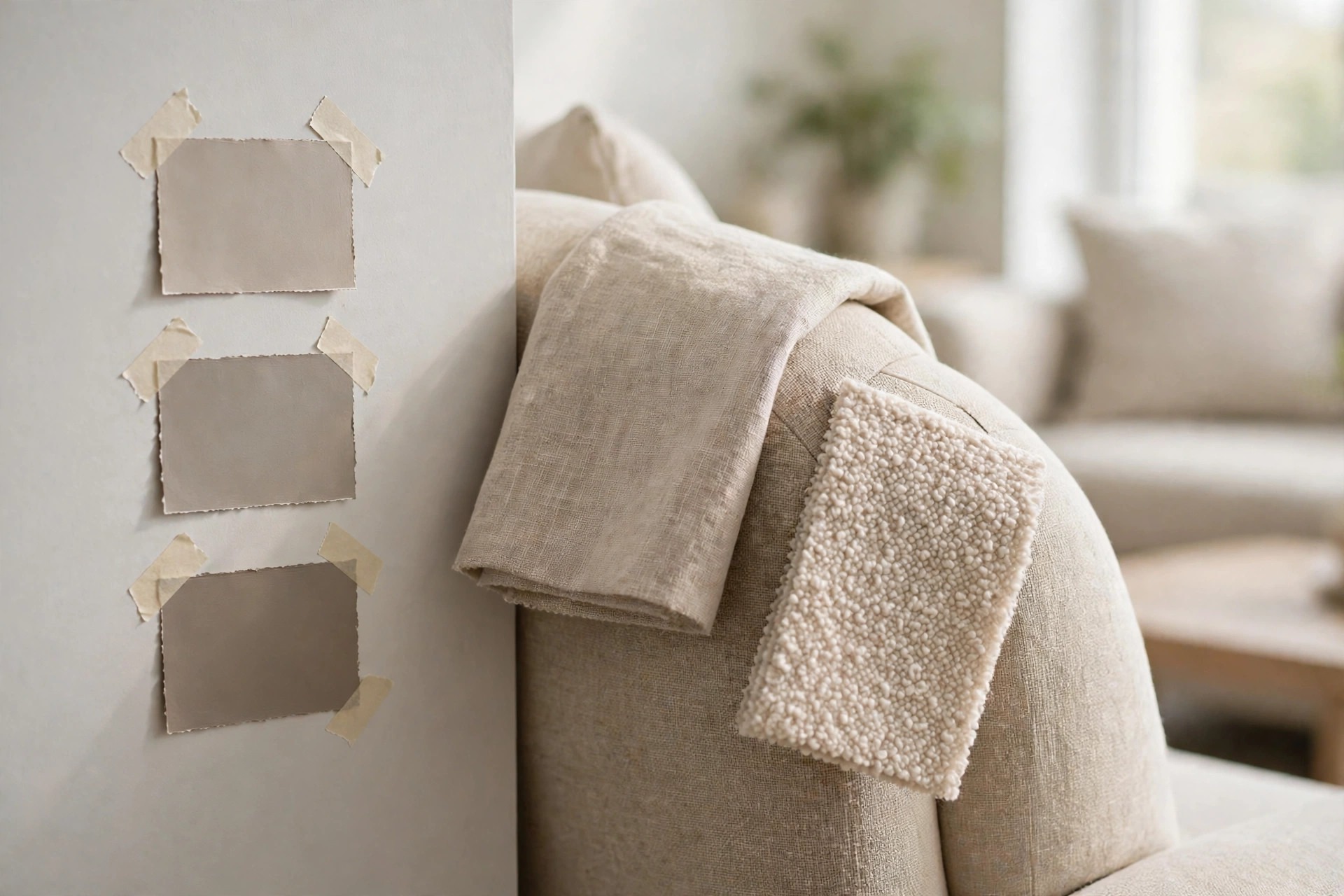 Warm grey paint swatches taped to a wall beside beige linen and boucle fabric swatches draped over a sofa arm