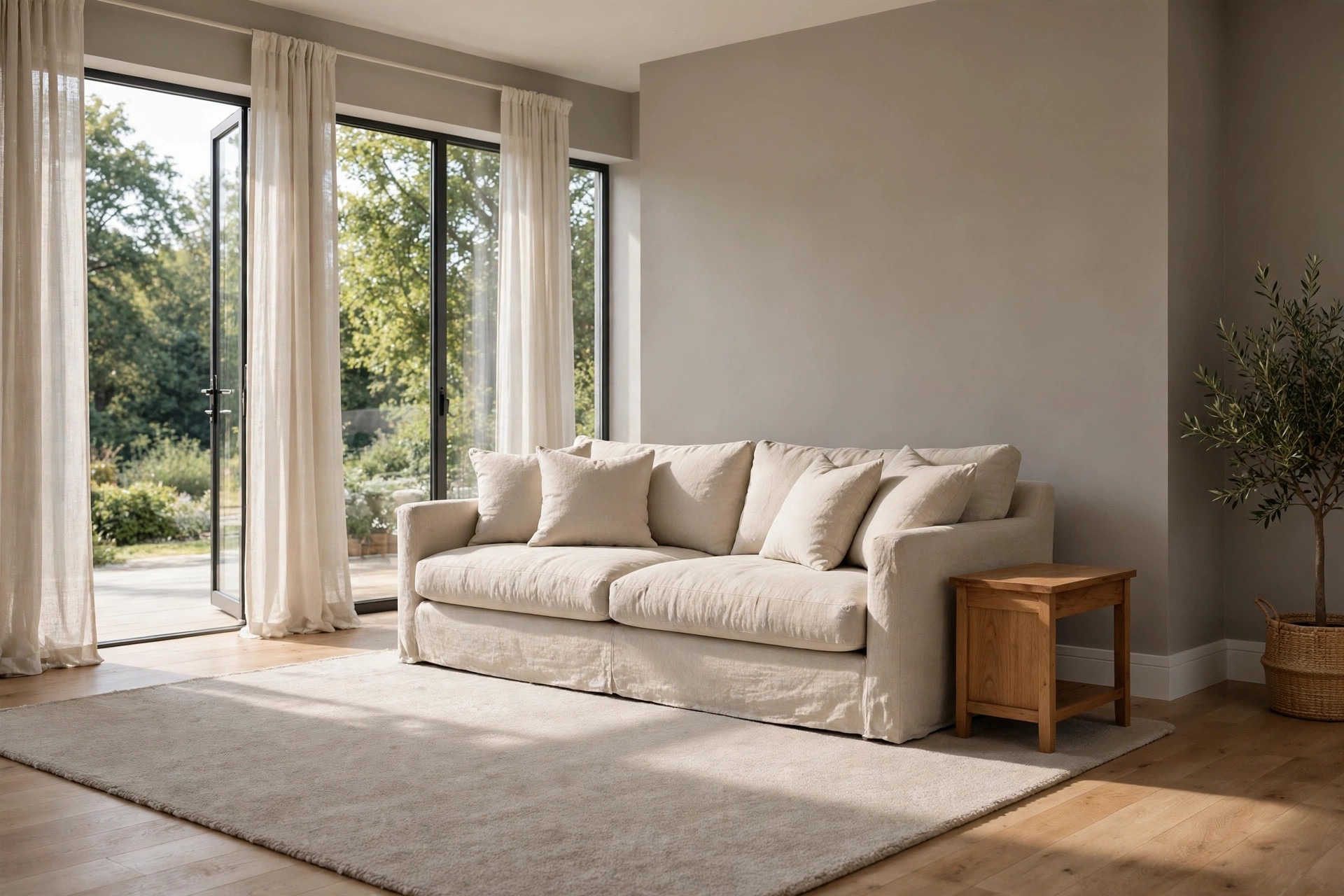 Beige linen sofa with cushions beside a wood side table in a warm grey living room with large windows
