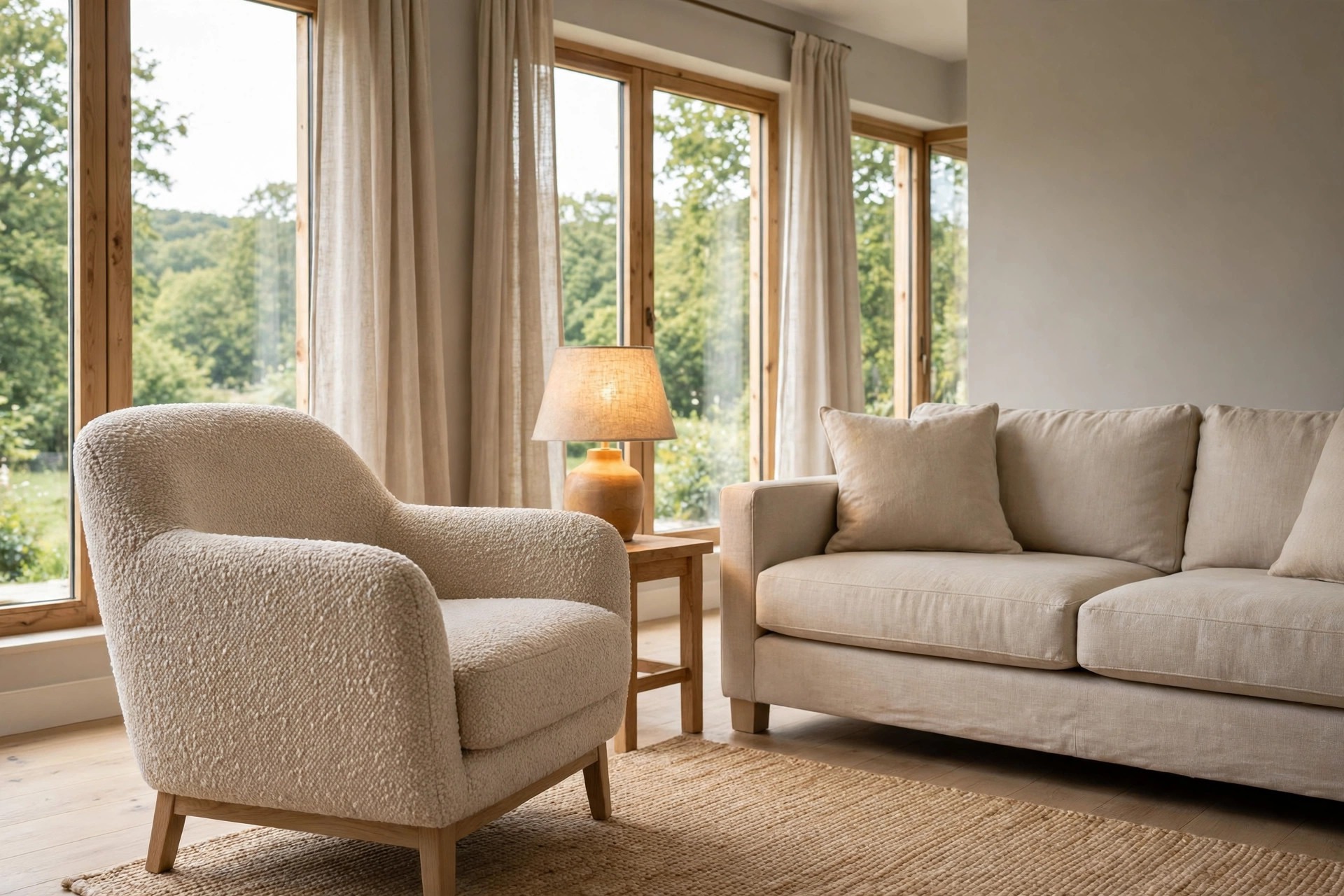 Beige boucle armchair beside a beige linen sofa with a lamp on a wood side table by large windows
