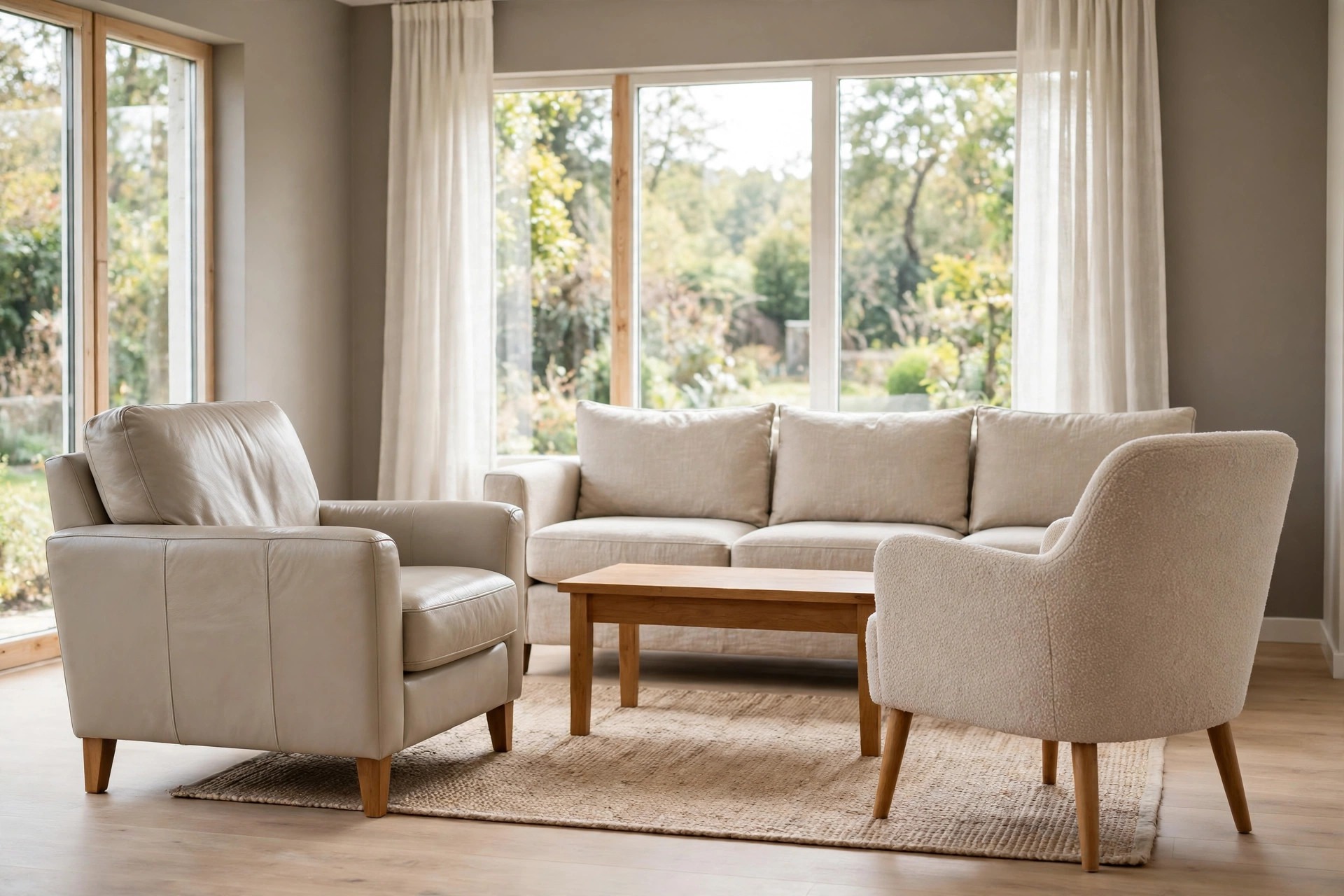 Beige leather armchair and beige boucle chair facing a beige linen sofa in a warm grey living room