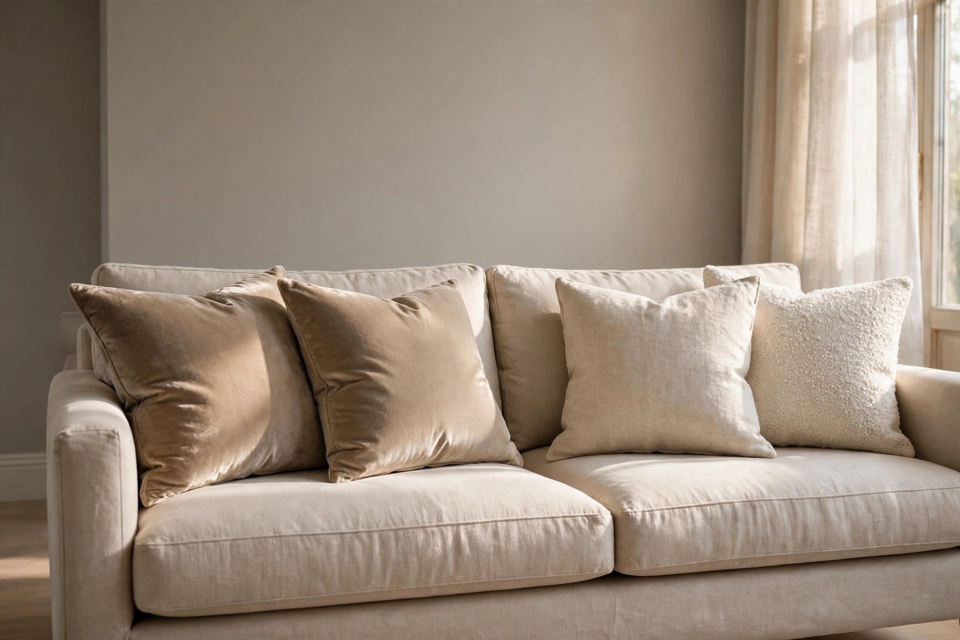 Beige linen sofa with deeper beige velvet cushions, a linen cushion and a boucle cushion against a warm grey wall