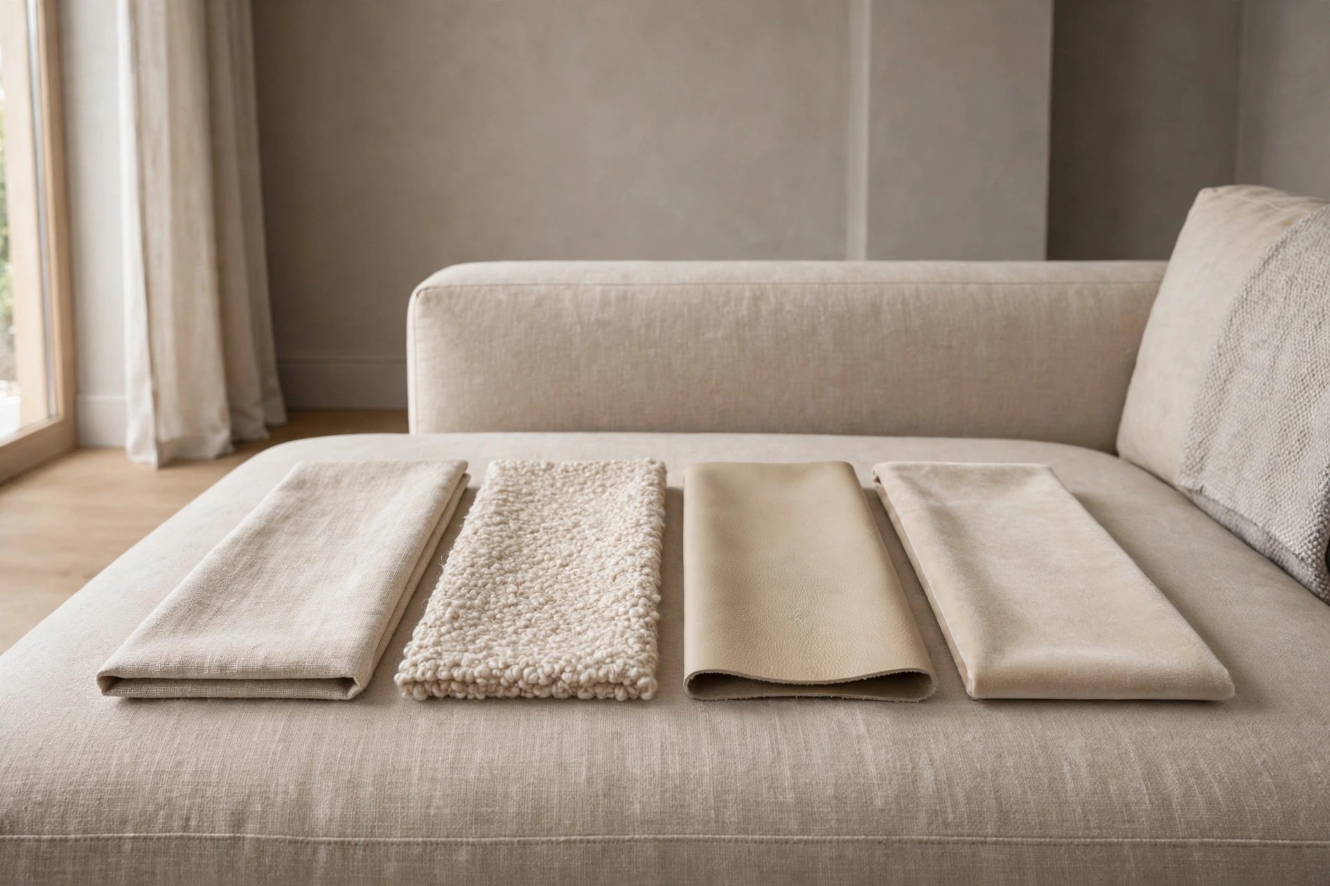 Four beige fabric swatches in linen, boucle, leather and velvet in close tones laid on a beige sofa seat
