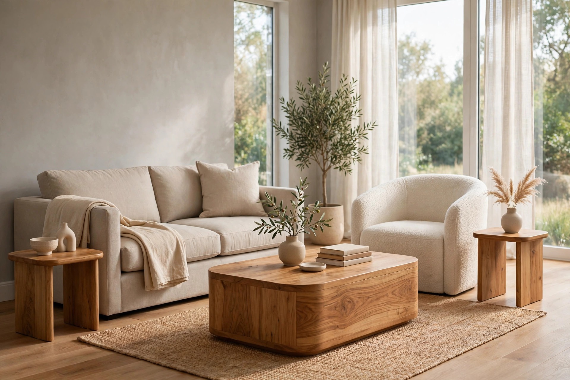Beige linen sofa and cream boucle chair around a warm wood coffee table and matching wood side tables