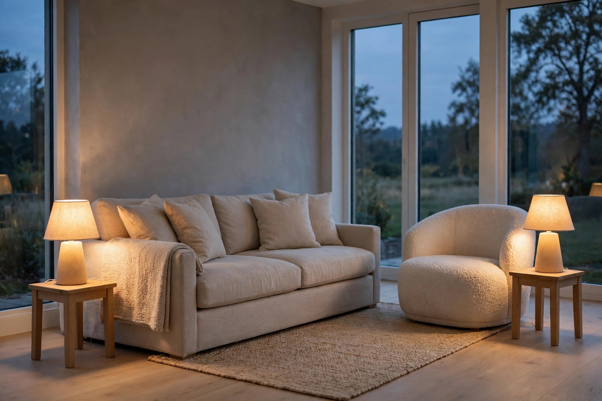 Beige linen sofa and boucle chair lit by two warm table lamps at dusk in a warm grey living room
