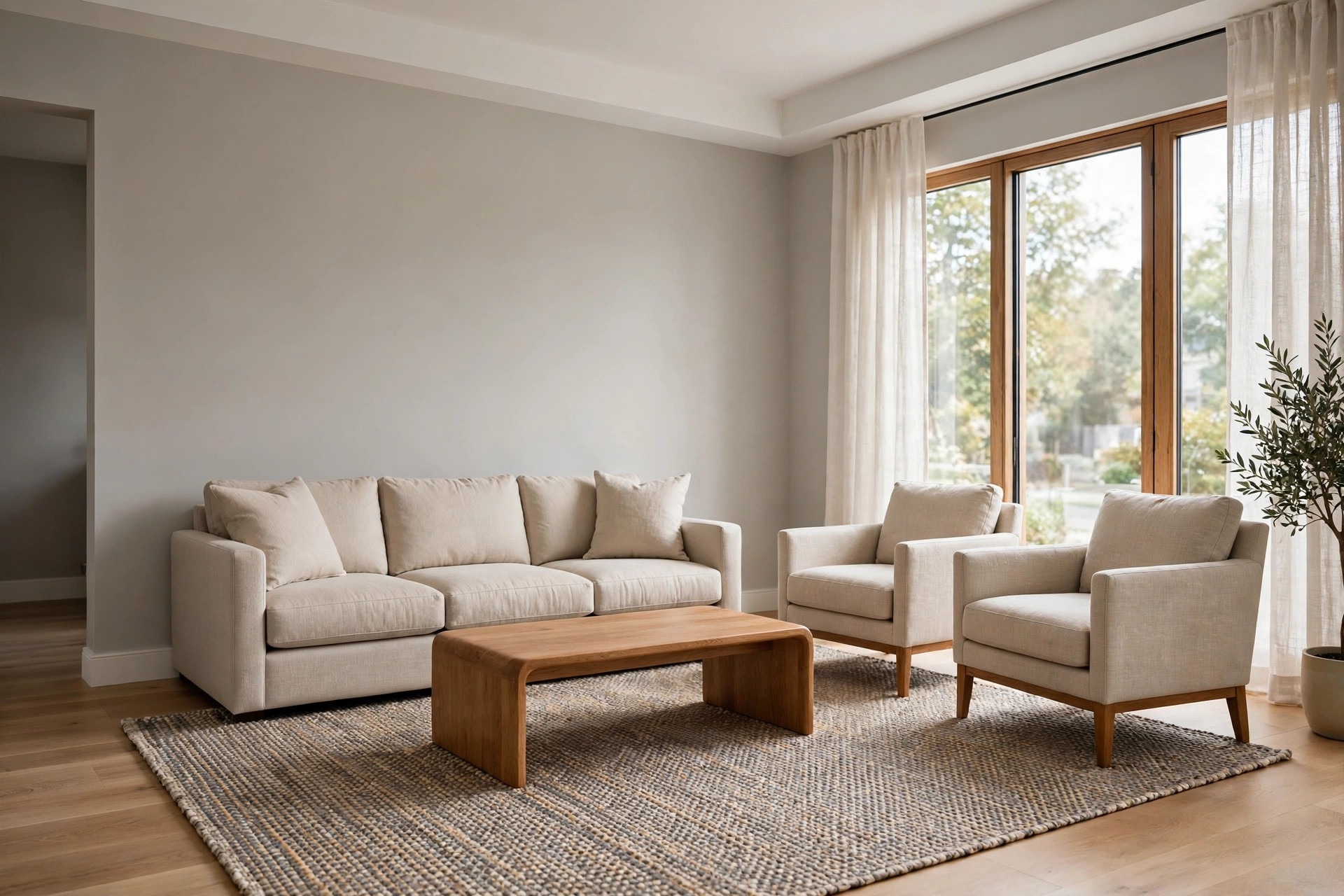 Beige sofa and two beige armchairs with front legs on a woven grey and beige rug beside a wood coffee table