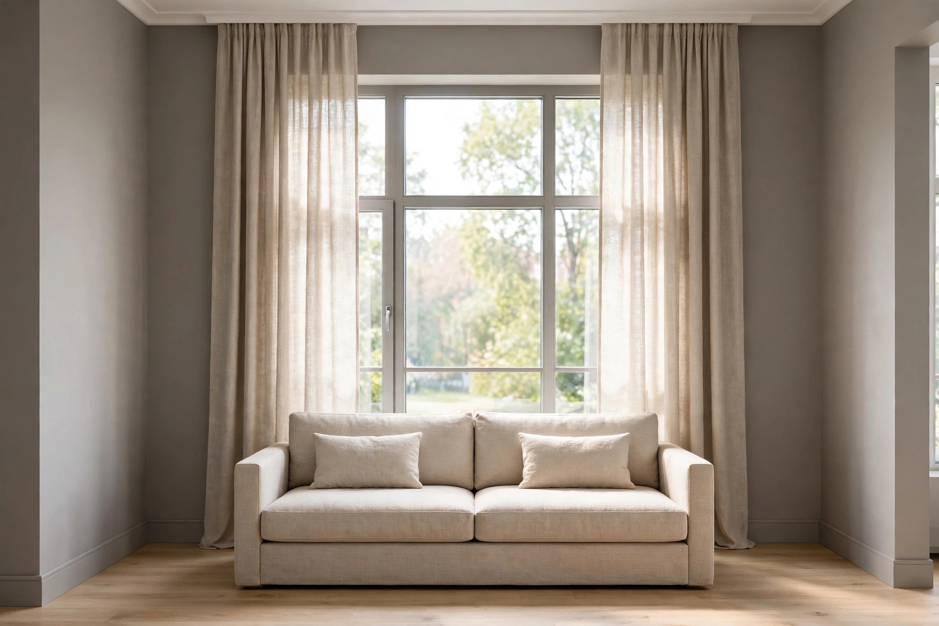 Beige linen sofa below long beige linen curtains on a large window in a warm grey living room