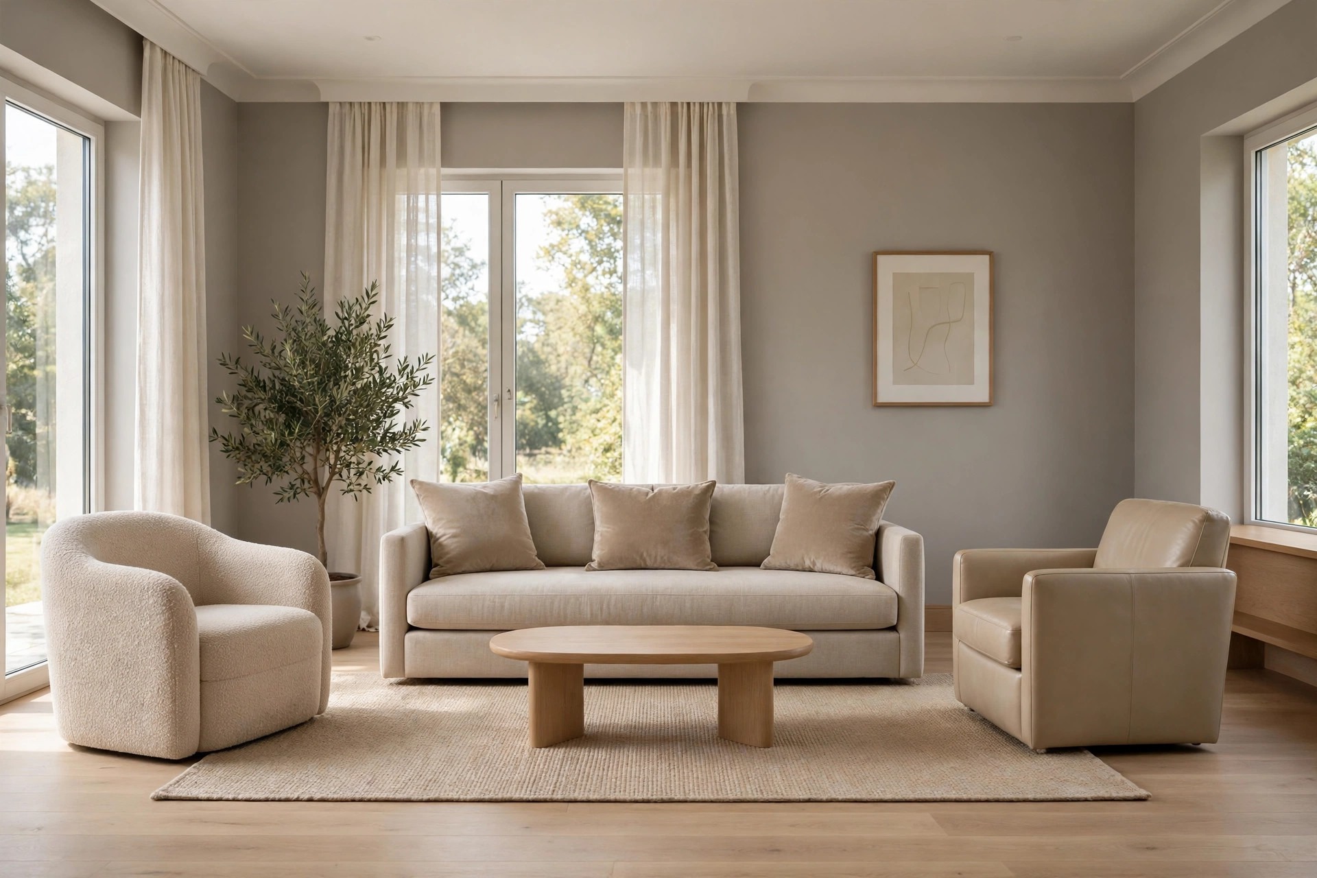 Beige boucle chair on one side and beige leather chair on the other side of a beige linen sofa with velvet cushions