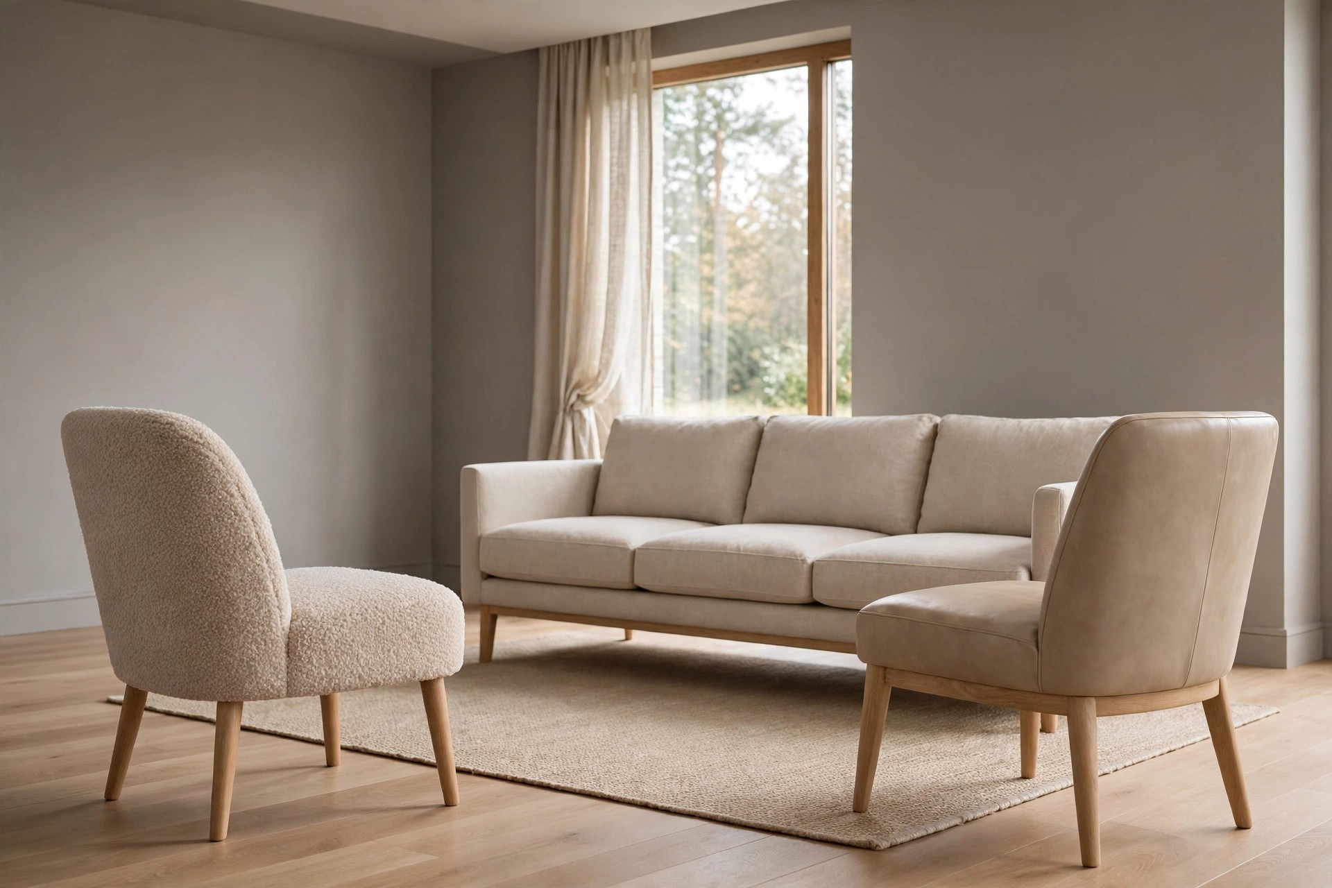 Beige boucle chair and beige leather chair with wood legs facing a beige linen sofa in a warm grey room