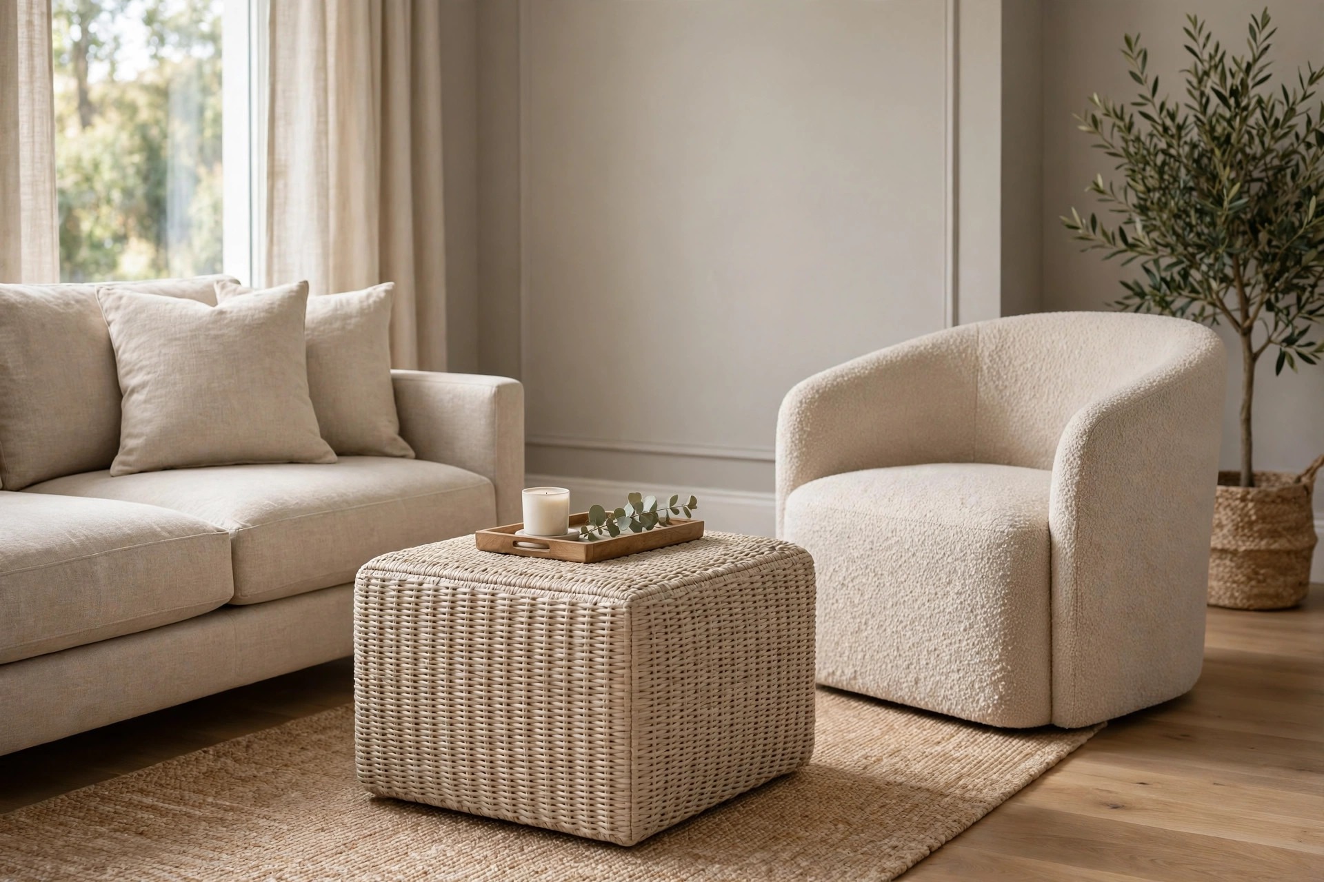 Woven beige ottoman with a wooden tray between a beige linen sofa and a beige boucle chair