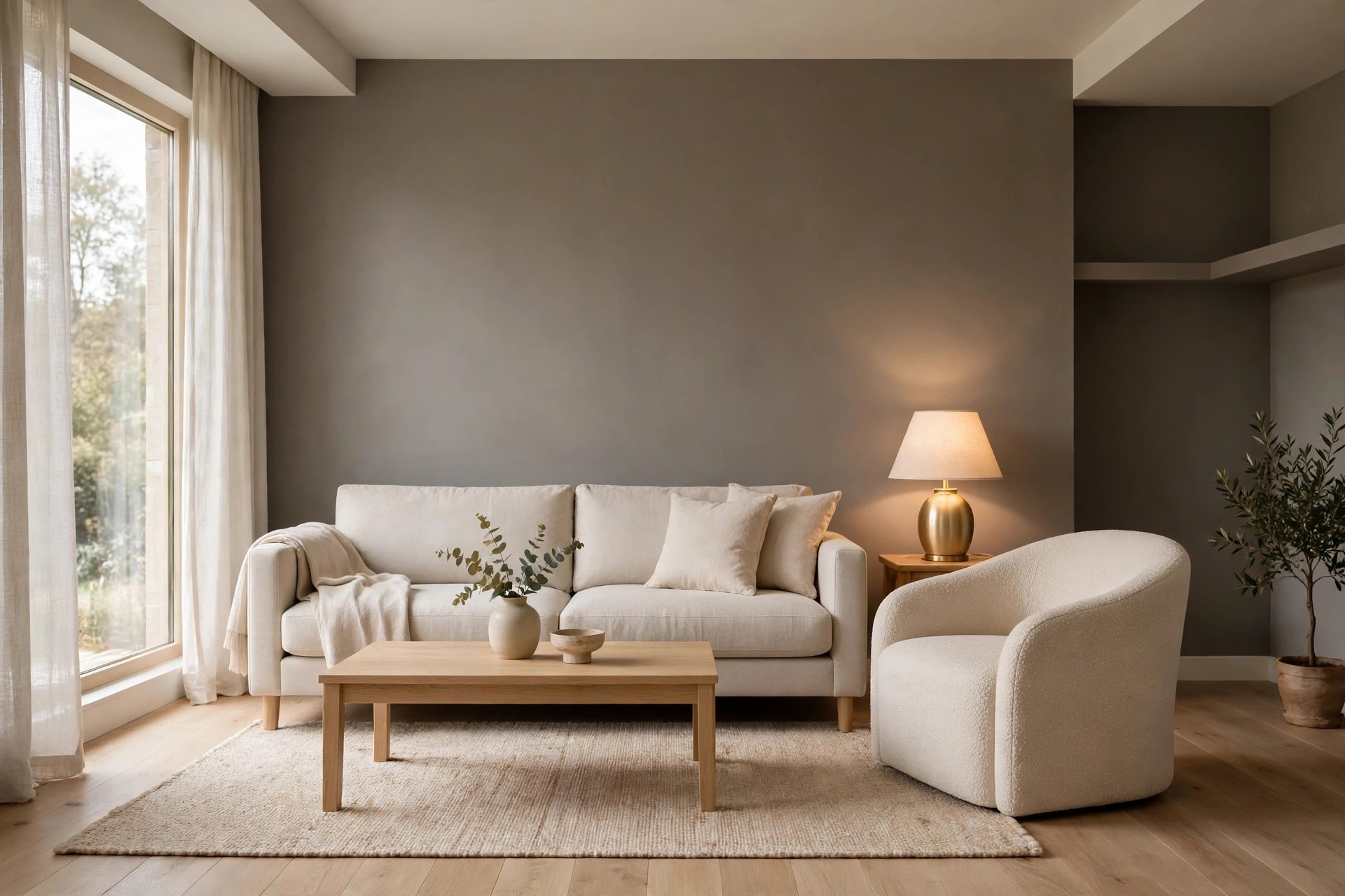 Pale beige linen sofa and boucle chair in front of a darker warm grey feature wall with a lit table lamp