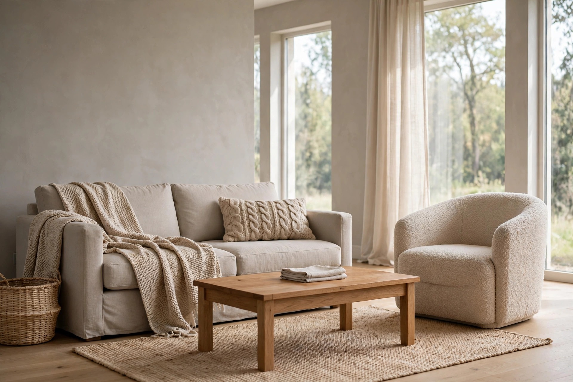 Beige linen sofa with a knitted throw and cable knit cushion, a woven basket beside it and a beige boucle chair
