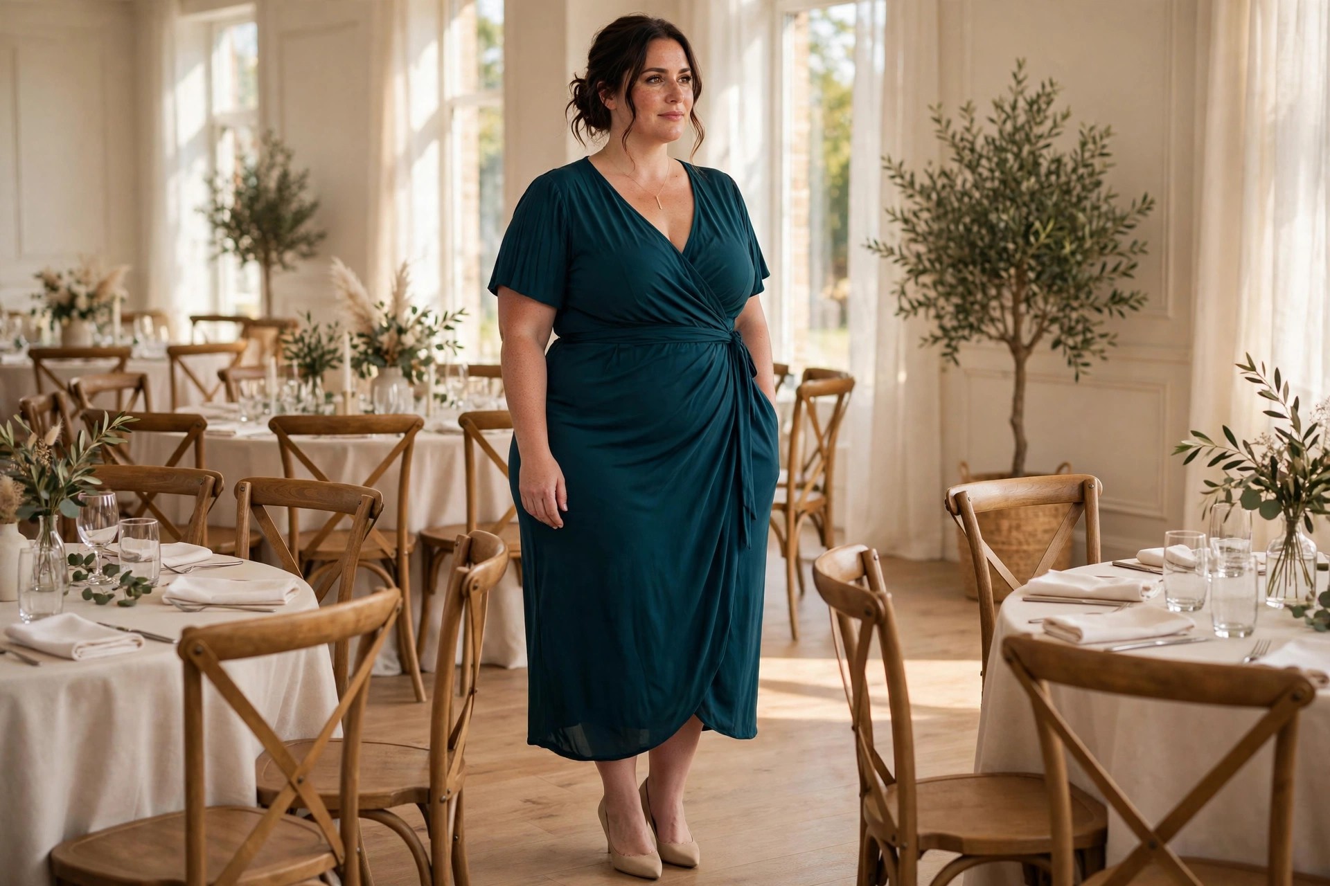 Pear shaped woman wearing a deep teal wrap midi dress, nude pointed pumps and a gold pendant in a reception hall