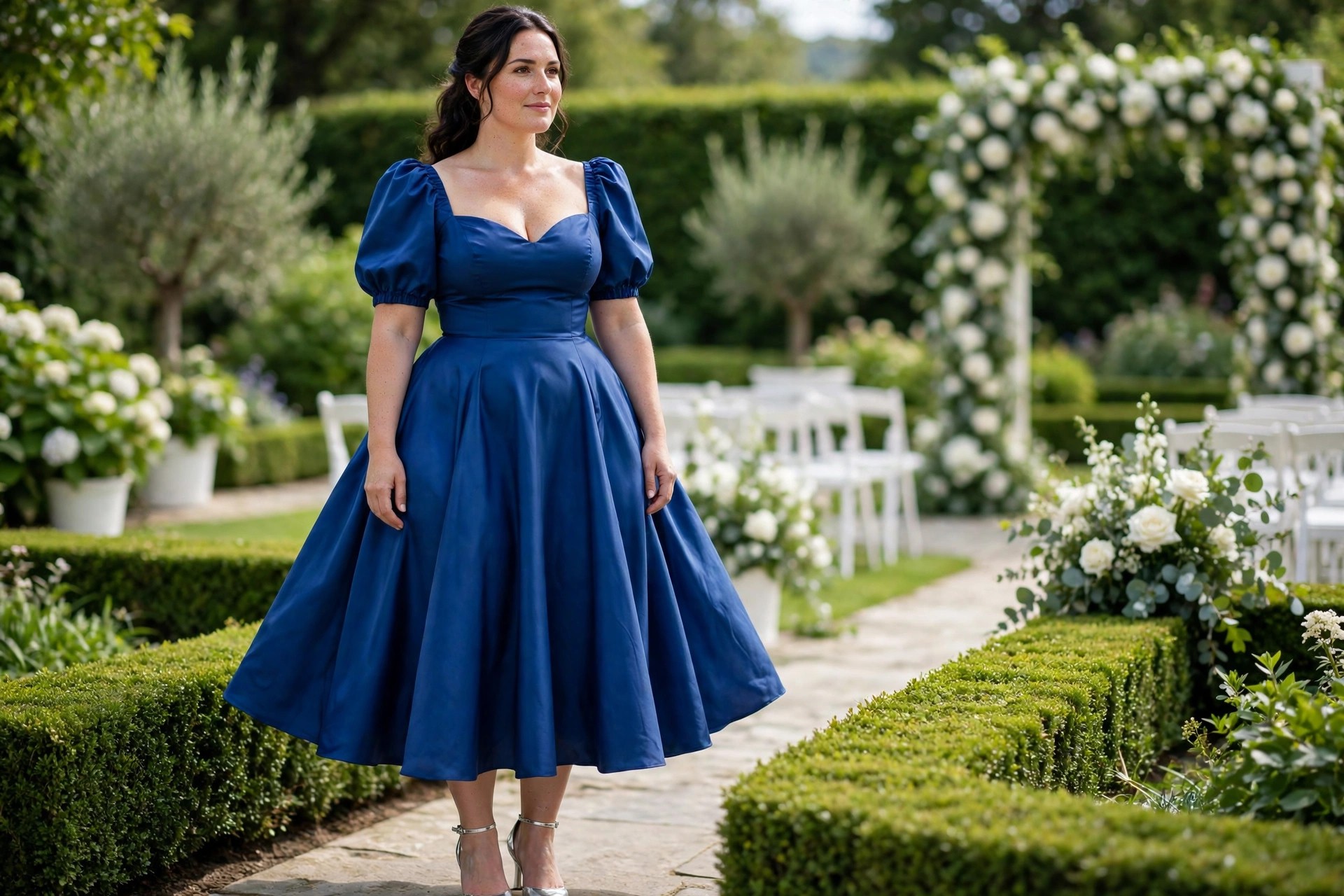 Pear shaped woman wearing a sapphire puff sleeve sweetheart midi dress with a flared skirt and silver ankle strap heels at a garden venue