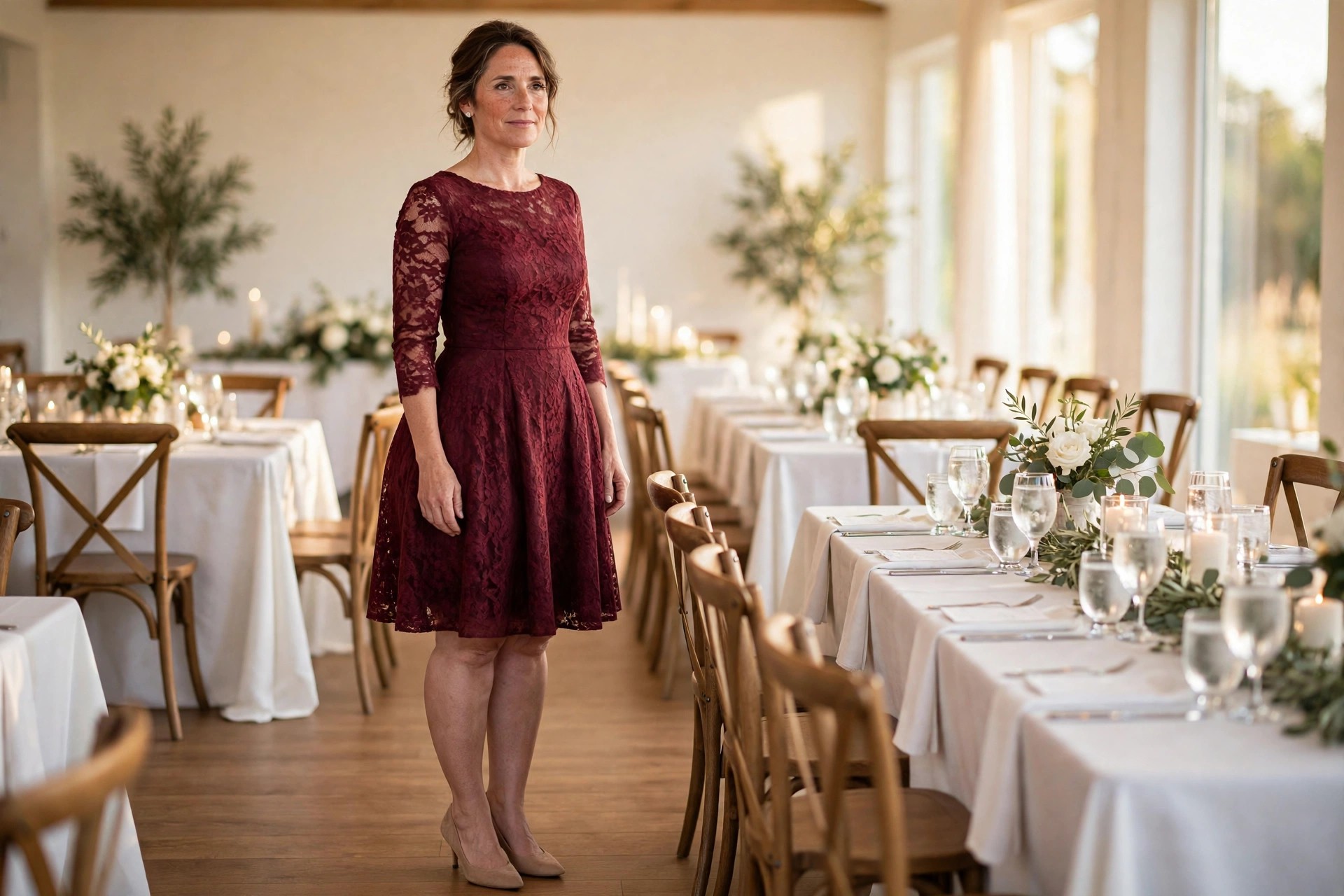 Pear shaped woman wearing a burgundy lace fit and flare knee length dress, nude pumps and pearl stud earrings at a reception