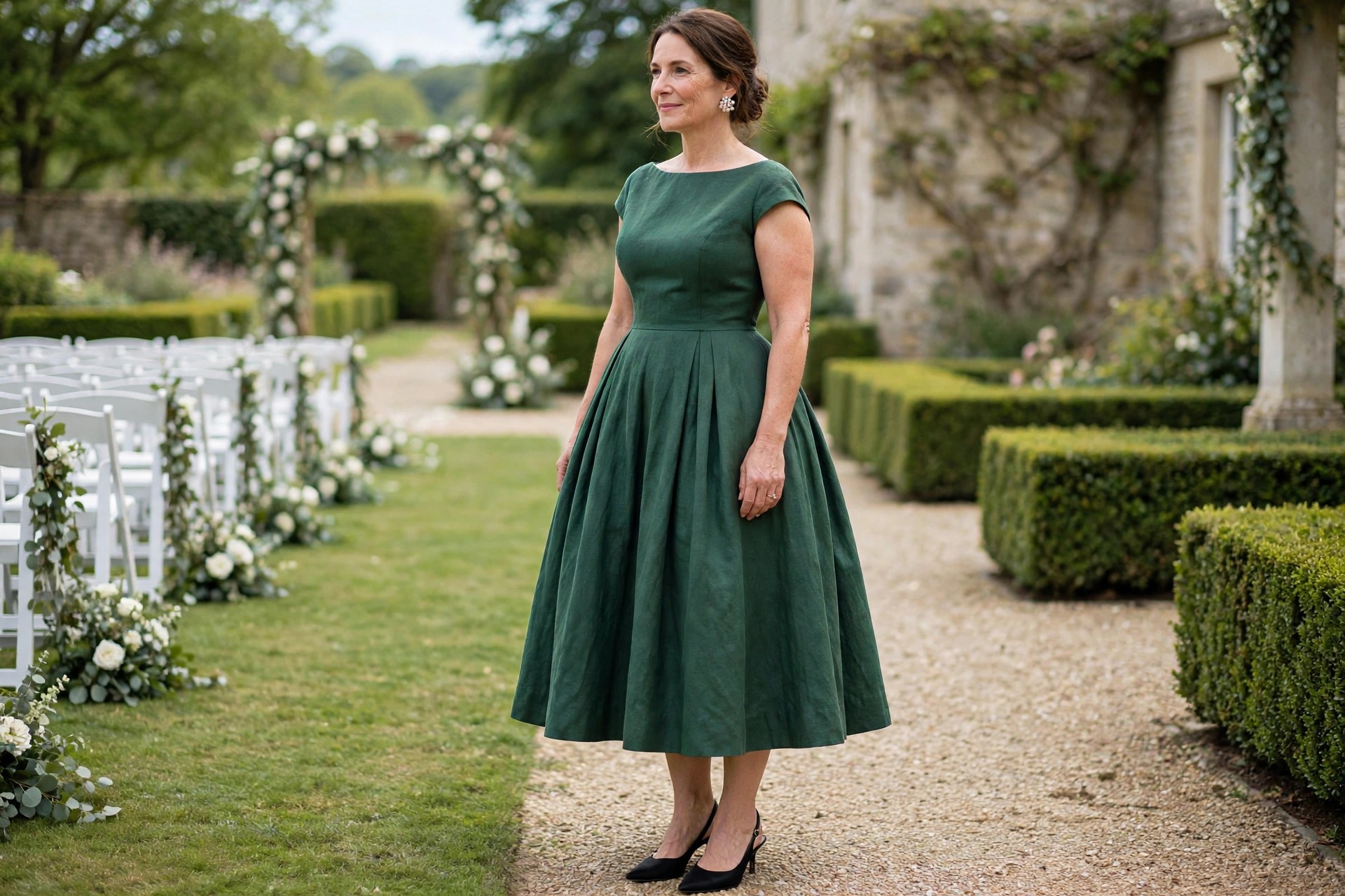 Pear shaped woman wearing a forest green boat neck tea length dress with a full skirt and black slingback heels at a daytime wedding venue