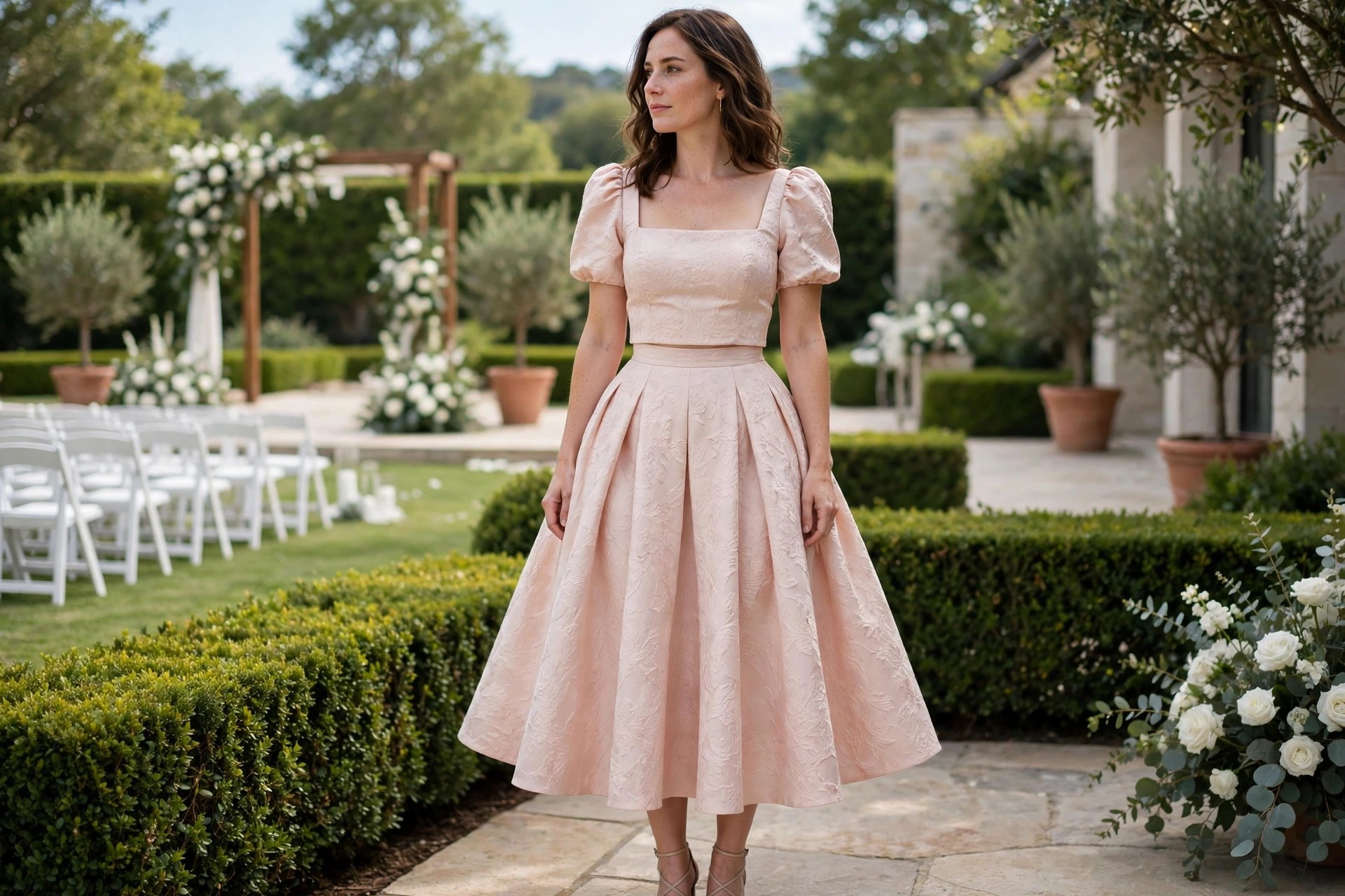 Pear shaped woman wearing a blush jacquard square neck puff sleeve top with a high waisted flared pleated midi skirt and strappy nude sandals