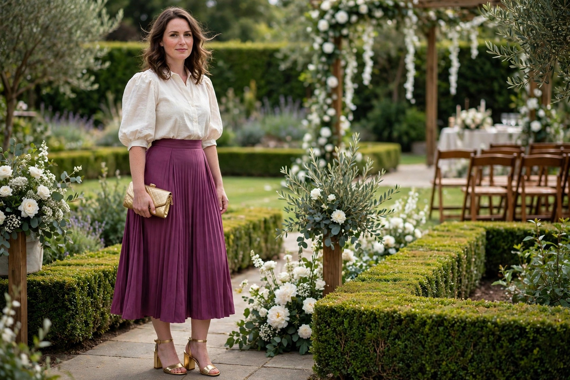 Pear shaped woman wearing a berry pleated midi skirt, a cream puff sleeve blouse tucked in and gold block heel sandals at a garden wedding venue