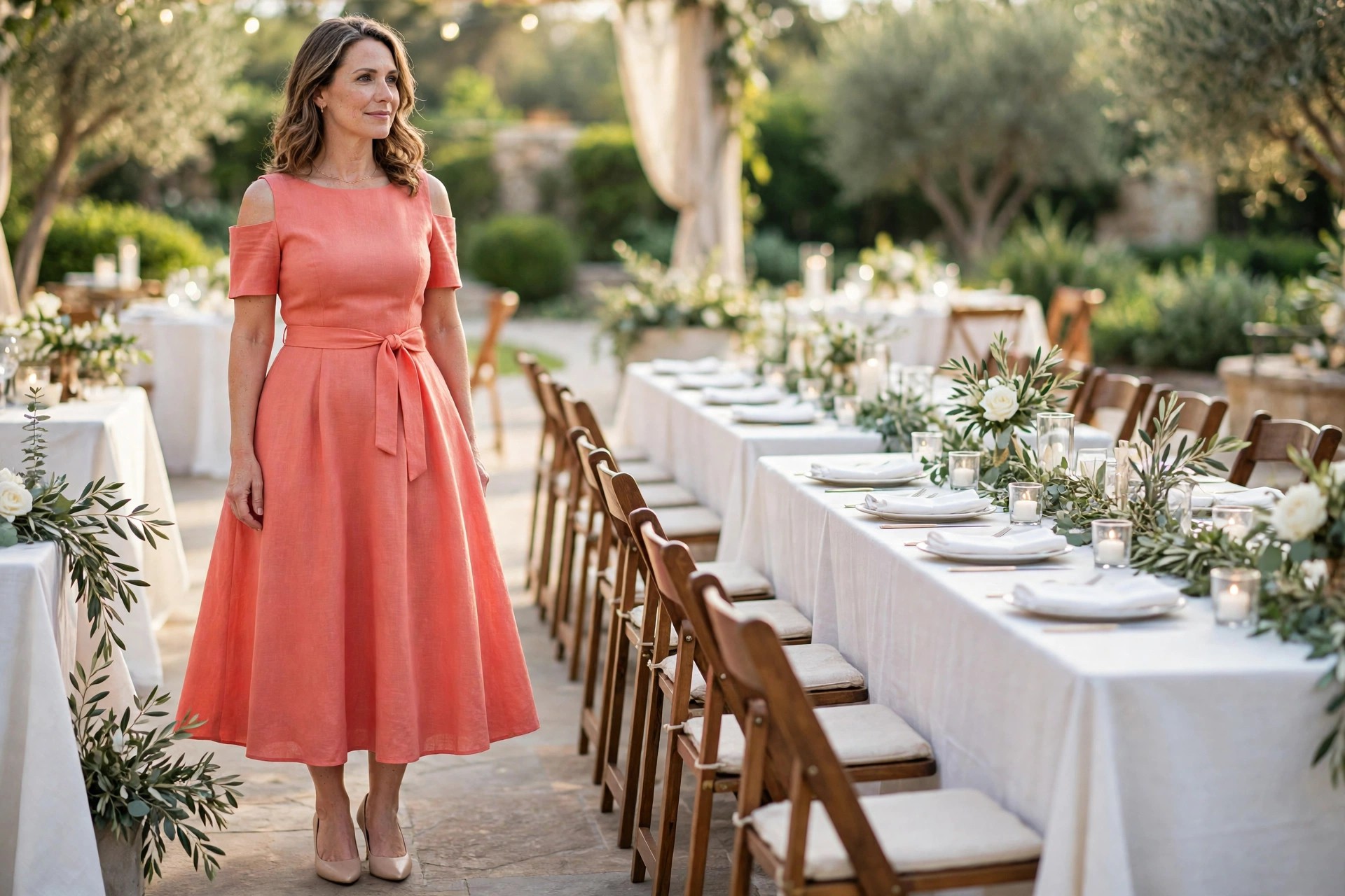 Pear shaped woman wearing a coral cold shoulder midi dress with a self belt, flared skirt and nude pumps at a wedding reception