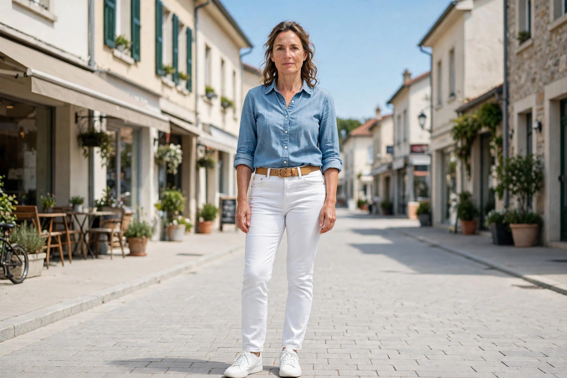 Woman wearing white jeans, a chambray shirt tucked in, a tan belt and white sneakers on a town street