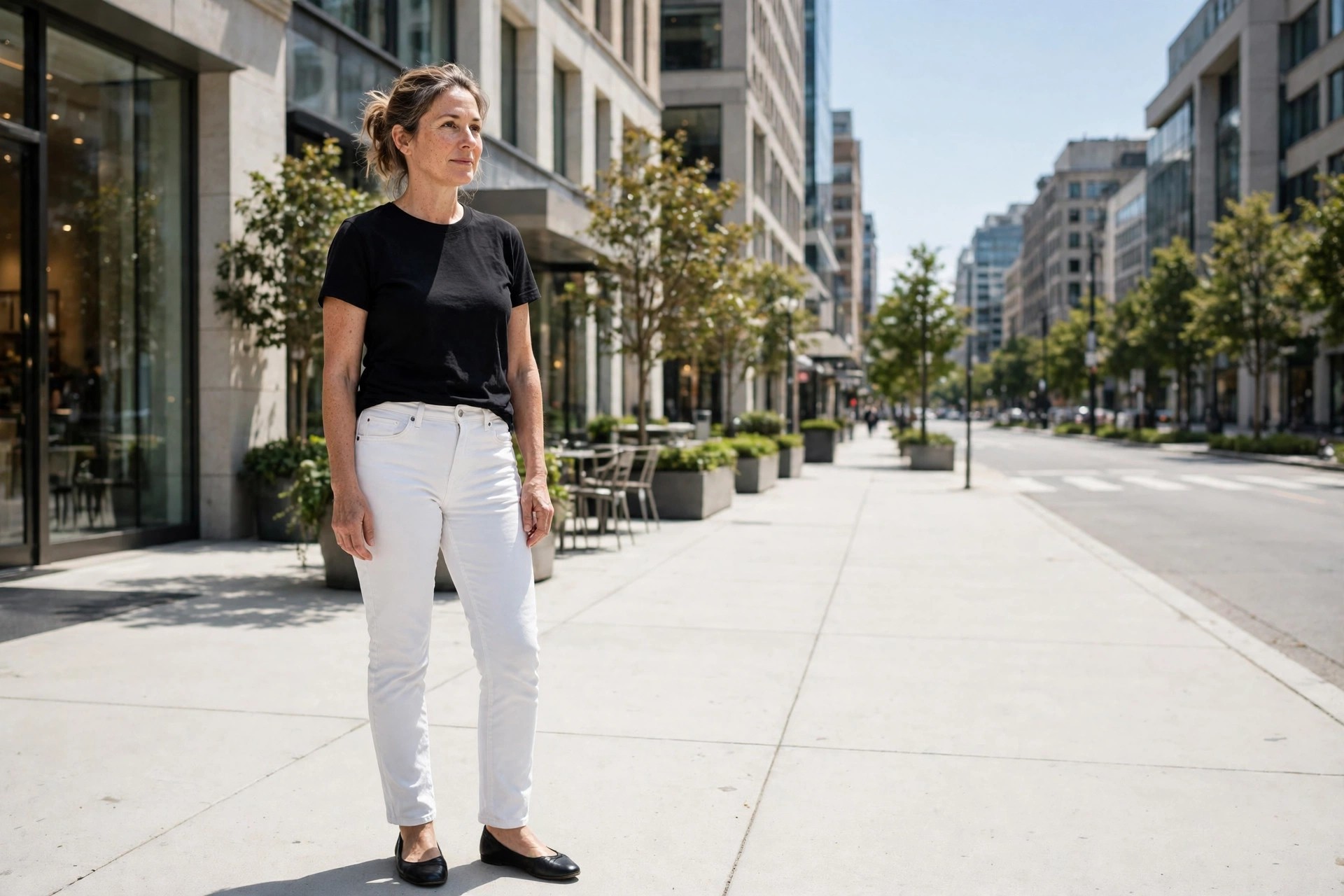Woman wearing white jeans, a plain black top and black flats on a city sidewalk