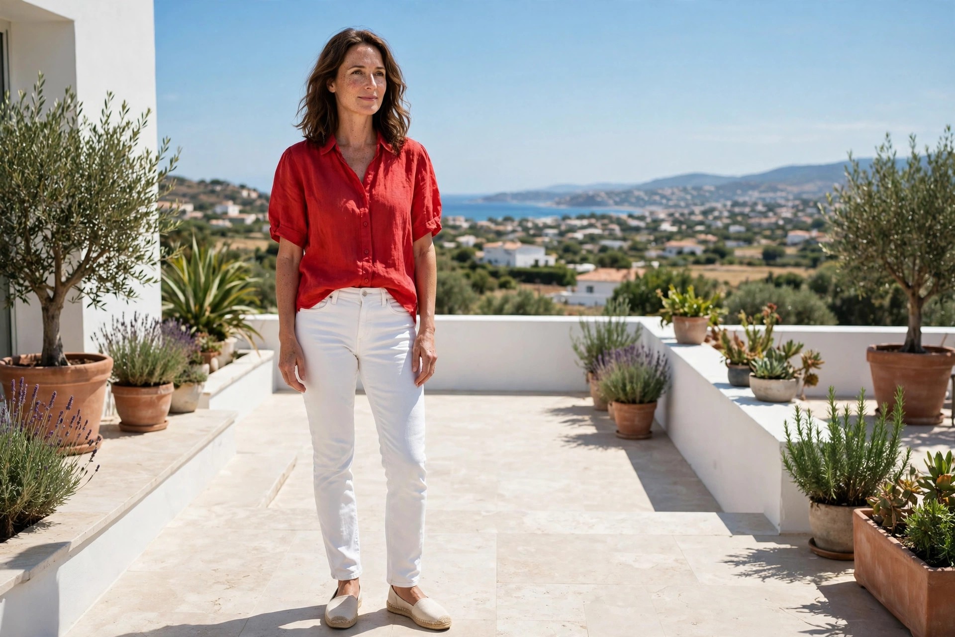 Woman wearing white jeans, a red blouse and espadrilles on a sunny terrace
