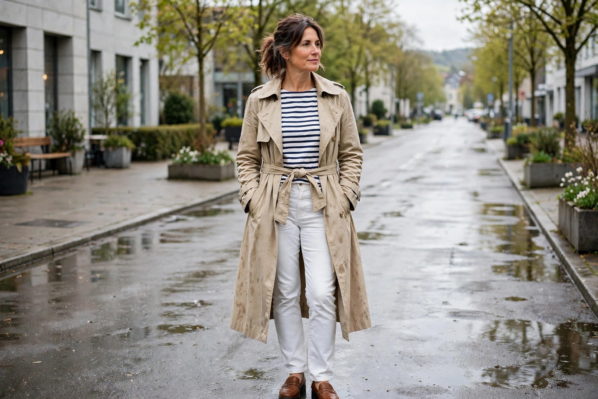 Woman wearing white jeans, a Breton striped top, a beige trench coat and loafers on a street after spring rain