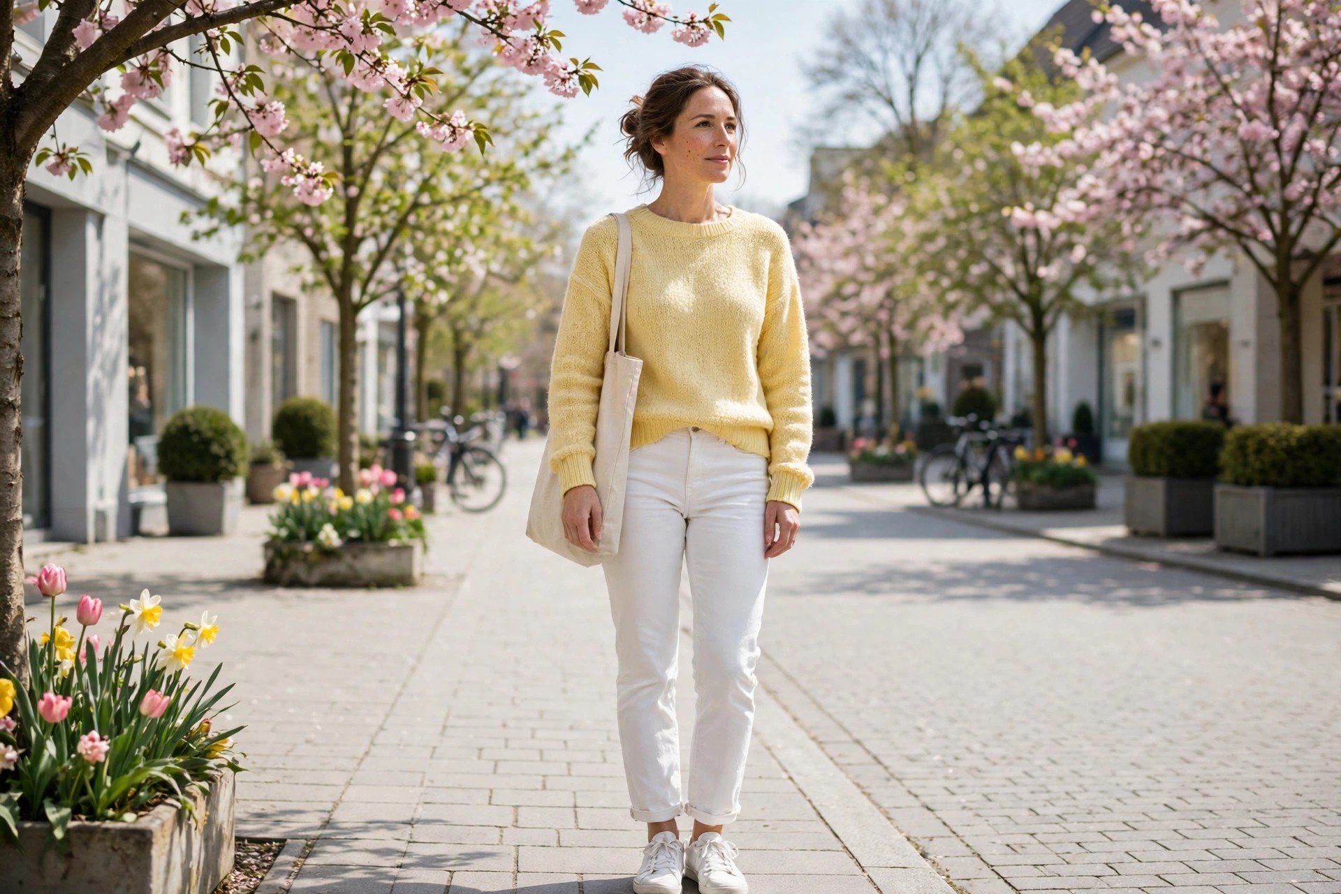 Woman wearing white jeans, a yellow knit sweater, white sneakers and a canvas tote on a spring street with blossom trees