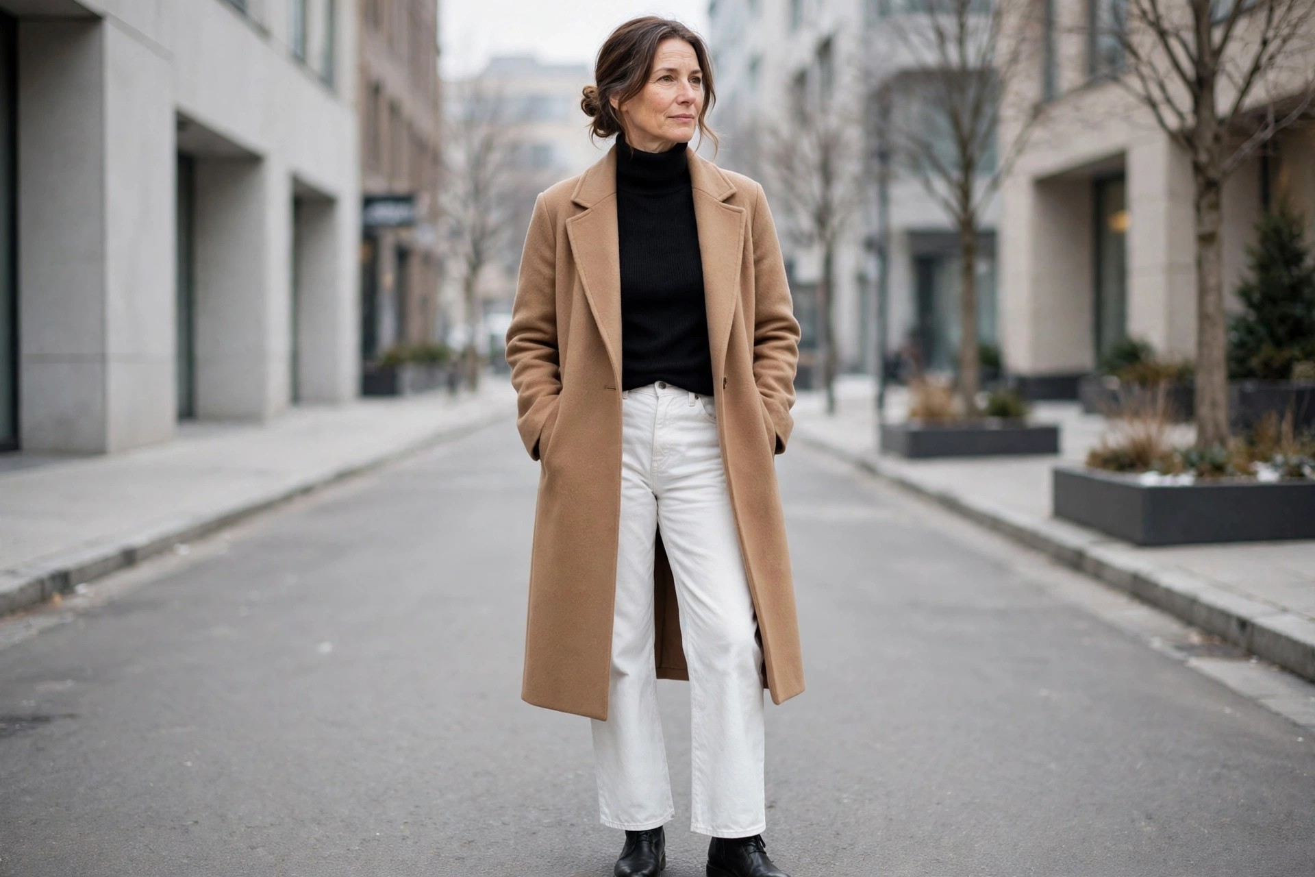 Woman wearing white wide leg jeans, a black turtleneck, a camel coat and black ankle boots on a city street