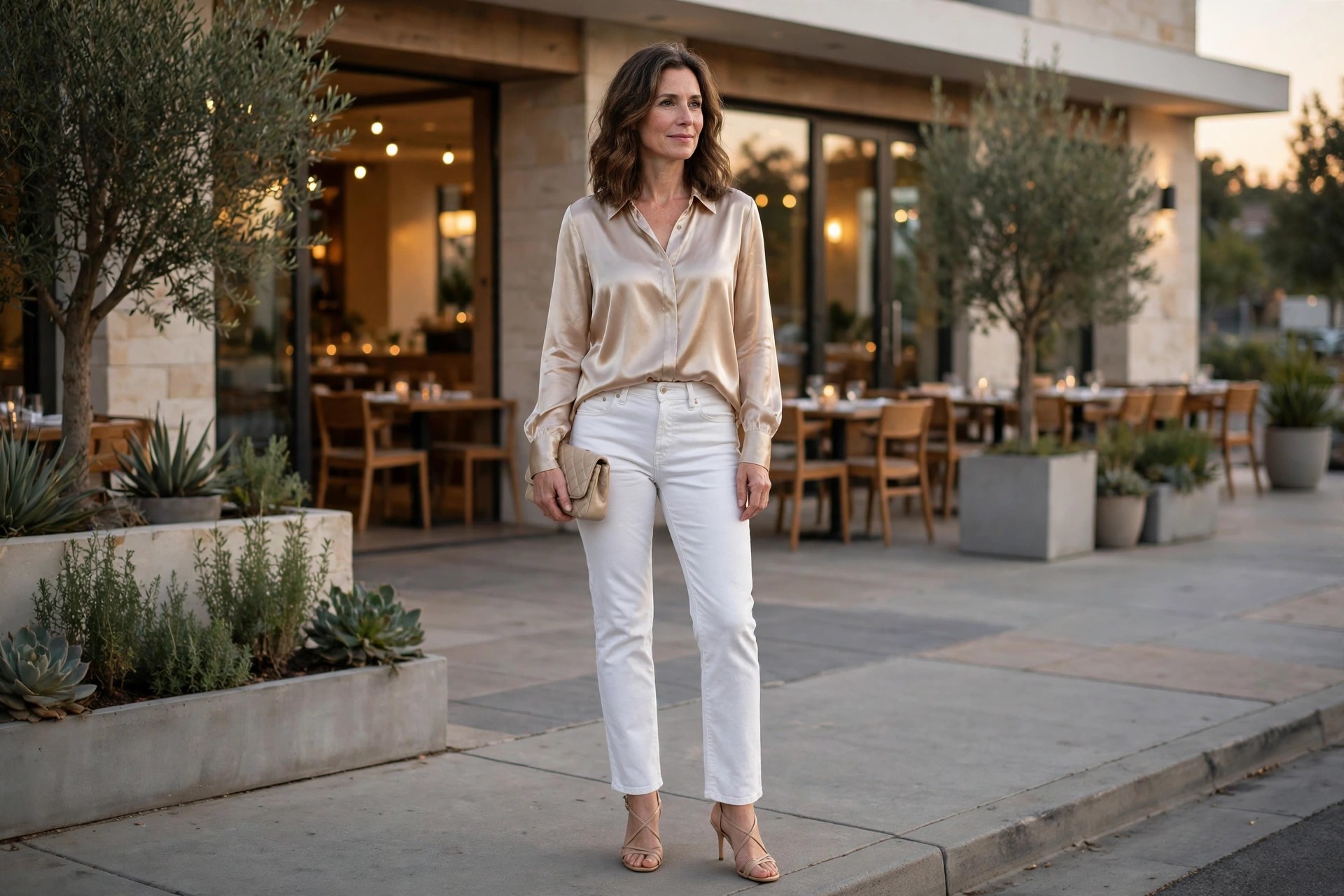 Woman wearing white jeans, a champagne satin blouse, nude heeled sandals and a small clutch outside a restaurant in the evening