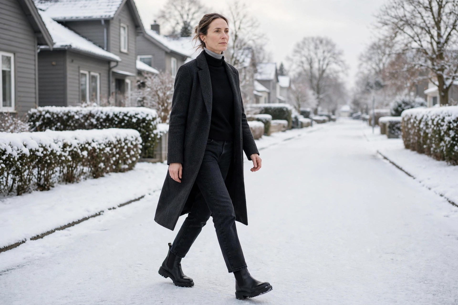 Woman in dark jeans, a black turtleneck, and a long charcoal coat with lug-sole Chelsea boots on a snowy residential street.