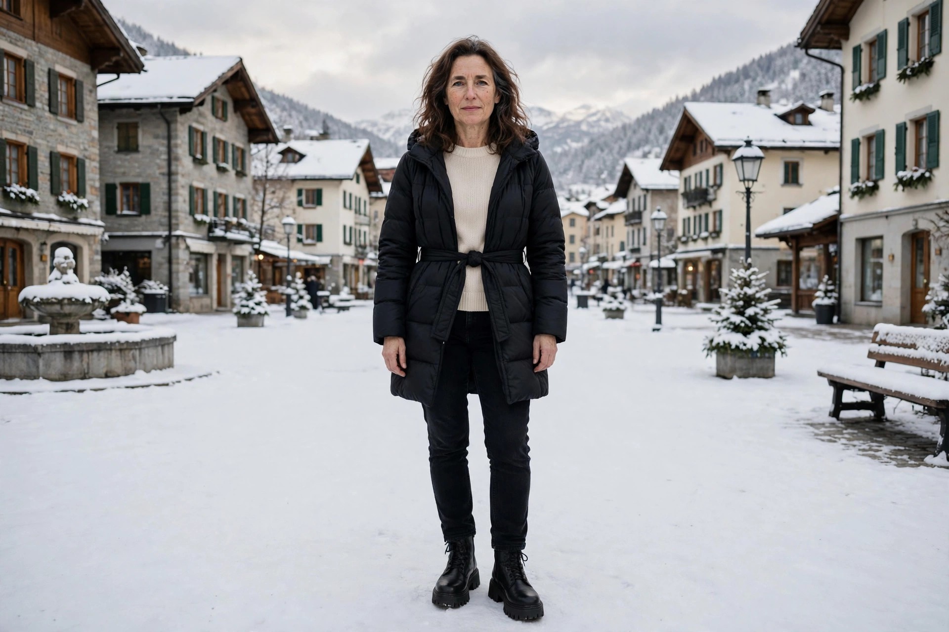 Woman in black jeans, a cream crew sweater, a belted black puffer, and thick-sole ankle boots in a snowy town square.