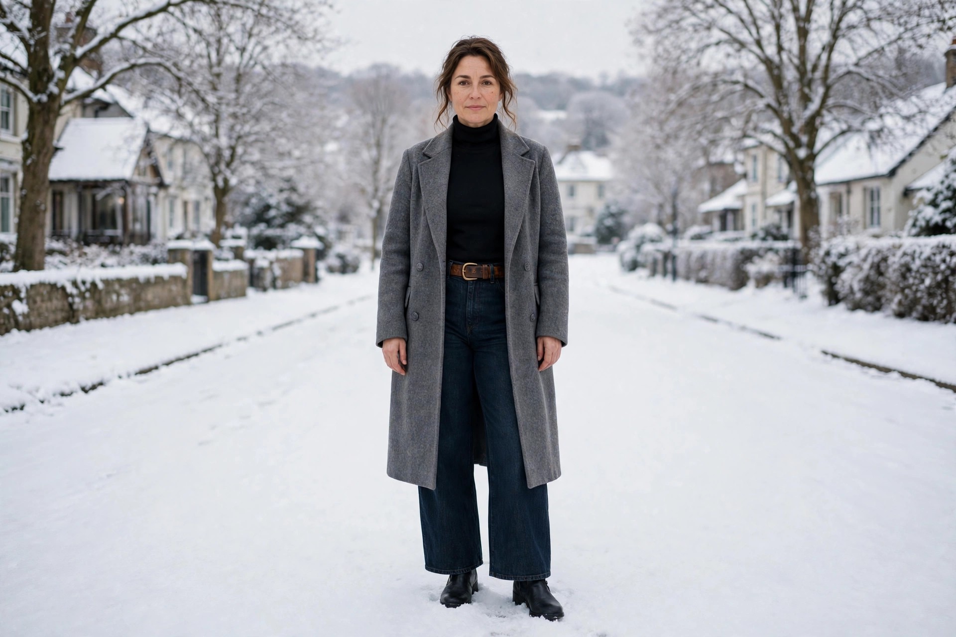 Woman in dark wide-leg jeans, a slim black roll neck, a brown belt, a long gray wool coat, and black ankle boots on a snowy street.