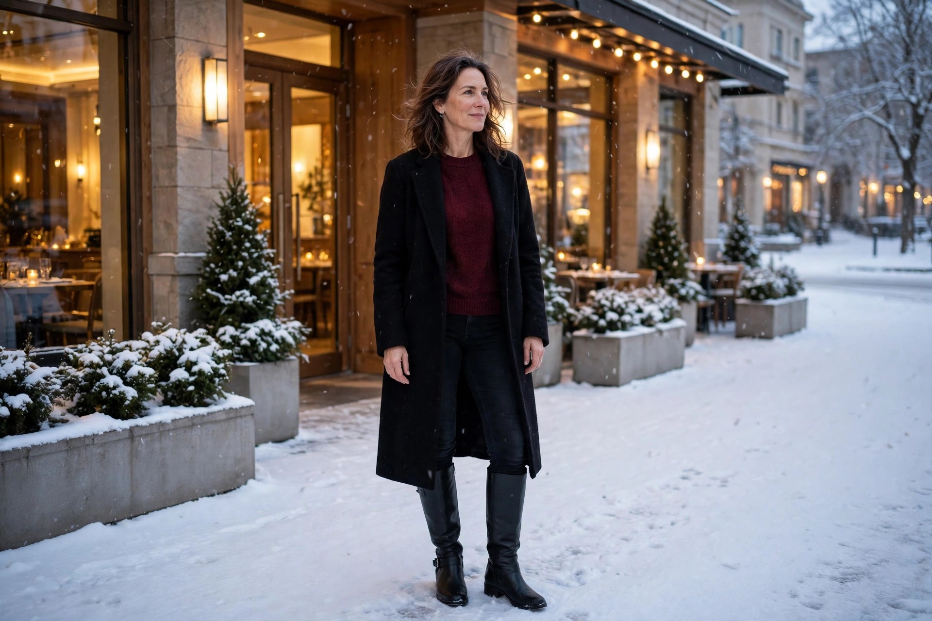 Woman in black skinny jeans tucked into black knee-high boots, a burgundy fine knit sweater, and a long black coat outside a restaurant.