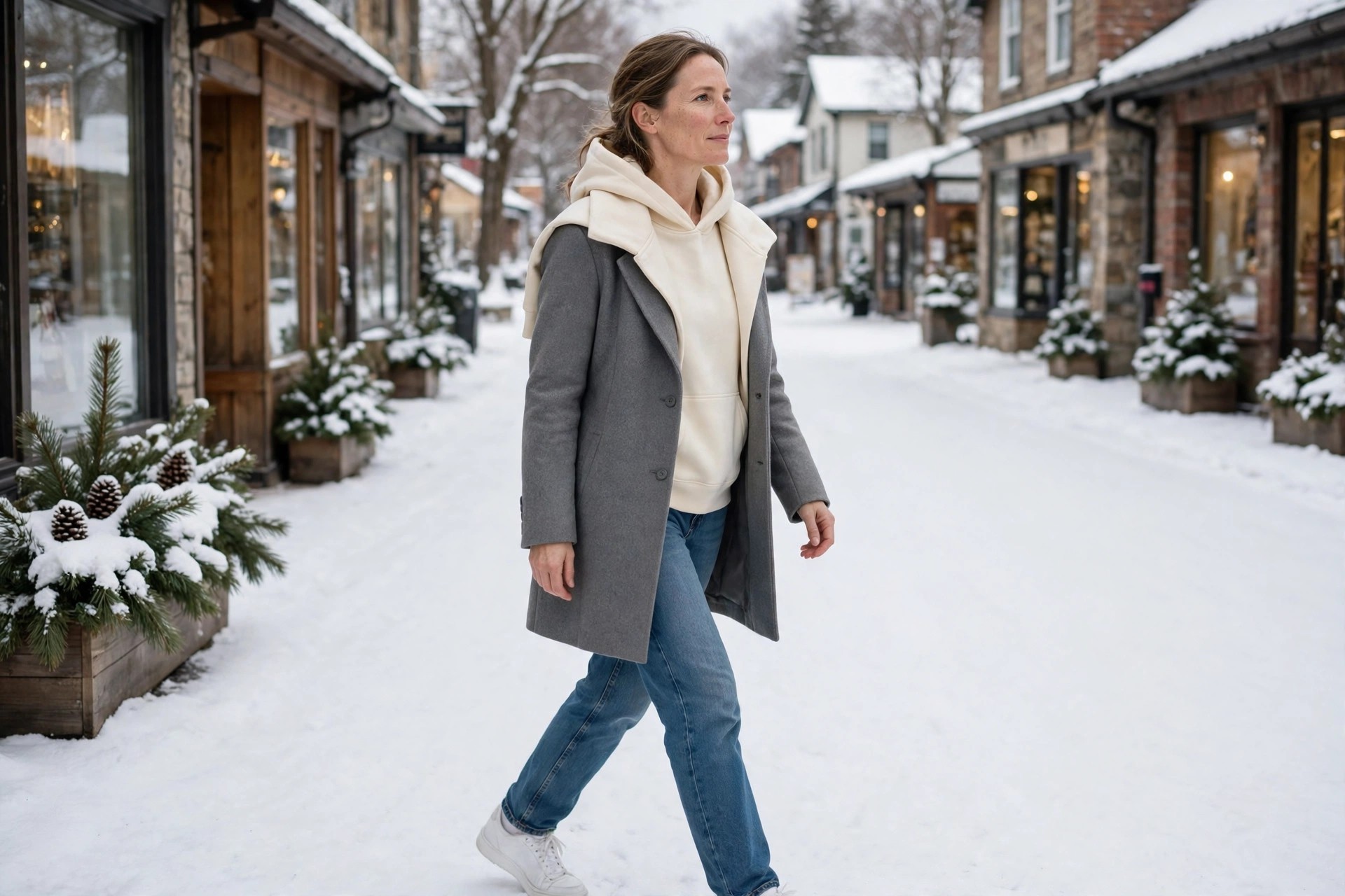 Woman in relaxed jeans, a cream hoodie under a structured gray coat, and white sneakers on a snowy shopping street.