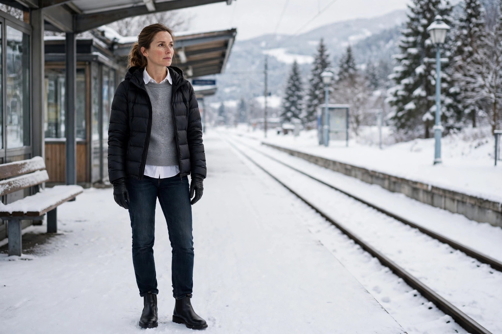 Woman in dark jeans, a white button shirt under a gray crew sweater, a short black puffer, Chelsea boots, and leather gloves at a station.
